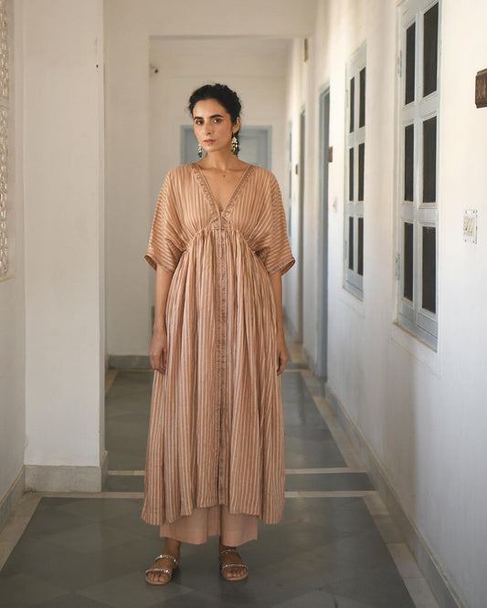 Gold Embroidered Kaftaan Set by Taro with Brown, Co-ord Sets, Cotton, Evening Wear, Handwoven cotton, July Sale, July Sale 2023, Kaftan Set, Natural, party, Party Wear Co-ords, Regular Fit, Sitara by Taro, Womenswear at Kamakhyaa for sustainable fashion