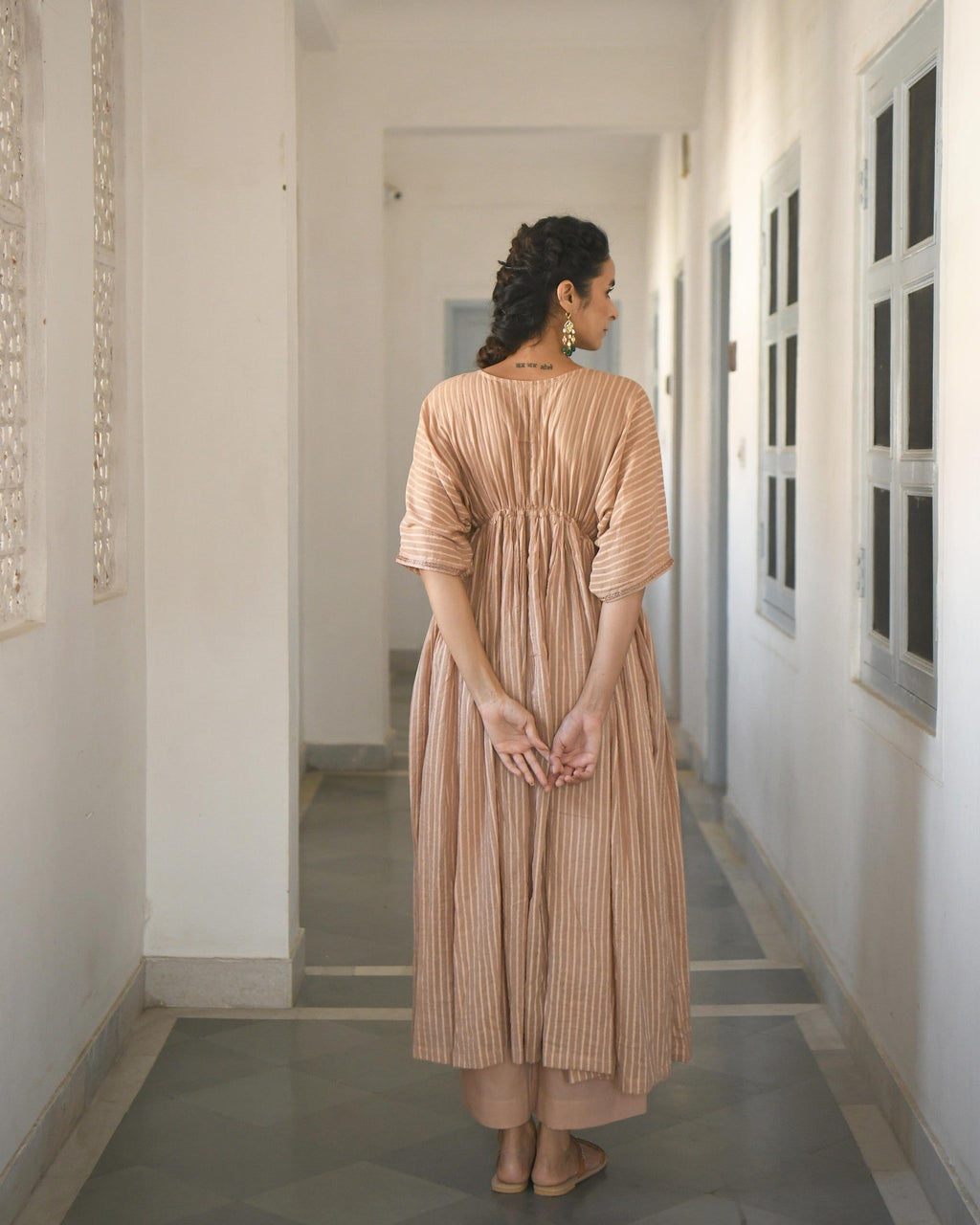 Gold Embroidered Kaftaan Set by Taro with Brown, Co-ord Sets, Cotton, Evening Wear, Handwoven cotton, July Sale, July Sale 2023, Kaftan Set, Natural, party, Party Wear Co-ords, Regular Fit, Sitara by Taro, Womenswear at Kamakhyaa for sustainable fashion