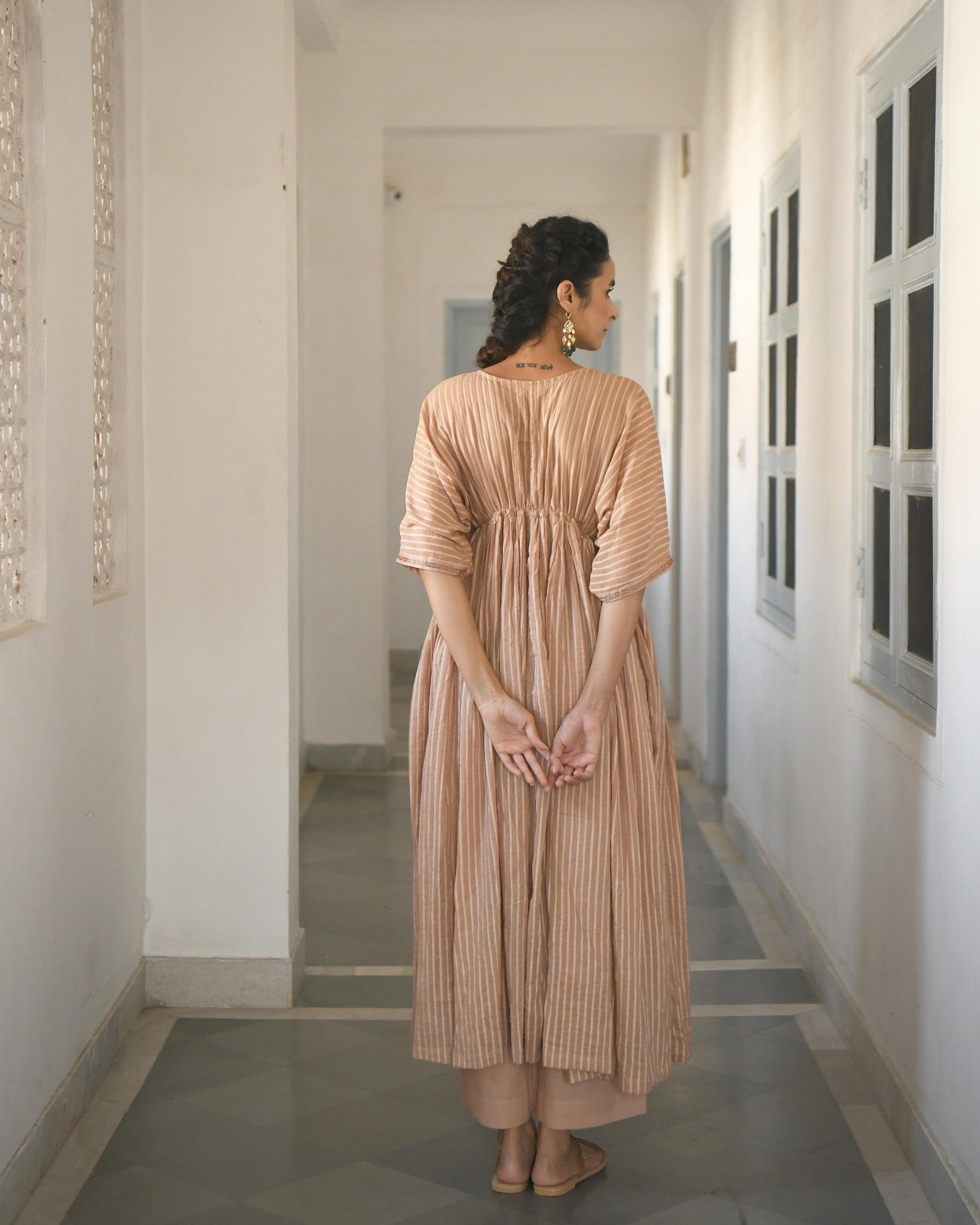 Gold Embroidered Kaftaan Set by Taro with Brown, Co-ord Sets, Cotton, Evening Wear, Handwoven cotton, July Sale, July Sale 2023, Kaftan Set, Natural, party, Party Wear Co-ords, Regular Fit, Sitara by Taro, Womenswear at Kamakhyaa for sustainable fashion