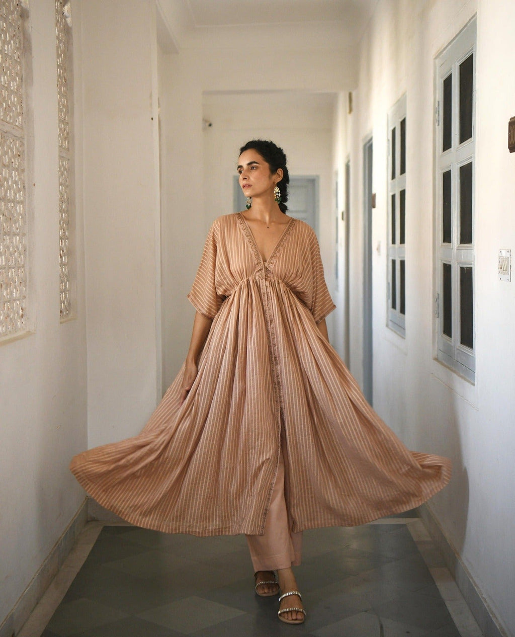 Gold Embroidered Kaftaan Set by Taro with Brown, Co-ord Sets, Cotton, Evening Wear, Handwoven cotton, July Sale, July Sale 2023, Kaftan Set, Natural, party, Party Wear Co-ords, Regular Fit, Sitara by Taro, Womenswear at Kamakhyaa for sustainable fashion