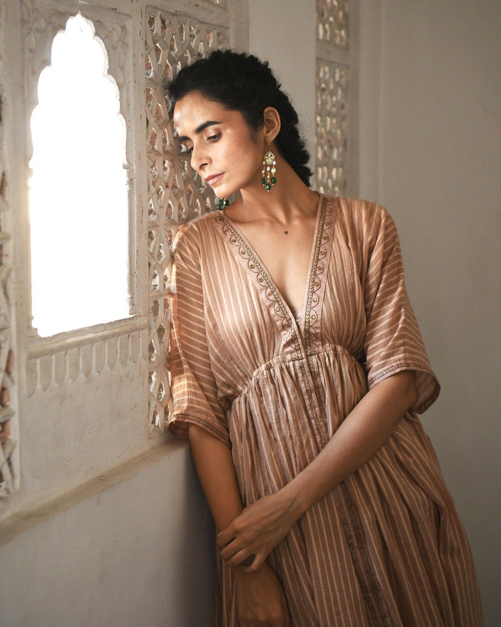 Gold Embroidered Kaftaan Set by Taro with Brown, Co-ord Sets, Cotton, Evening Wear, Handwoven cotton, July Sale, July Sale 2023, Kaftan Set, Natural, party, Party Wear Co-ords, Regular Fit, Sitara by Taro, Womenswear at Kamakhyaa for sustainable fashion