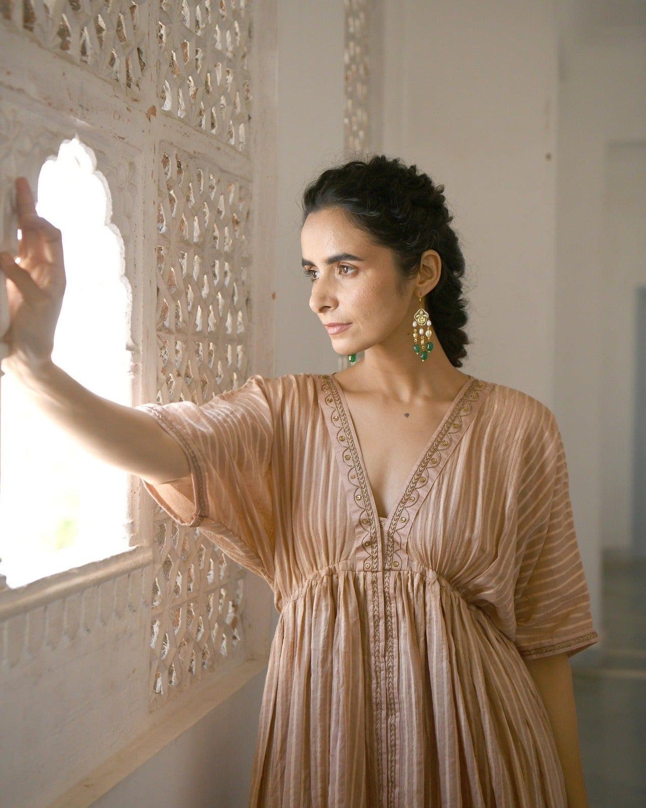 Gold Embroidered Kaftaan Set by Taro with Brown, Co-ord Sets, Cotton, Evening Wear, Handwoven cotton, July Sale, July Sale 2023, Kaftan Set, Natural, party, Party Wear Co-ords, Regular Fit, Sitara by Taro, Womenswear at Kamakhyaa for sustainable fashion