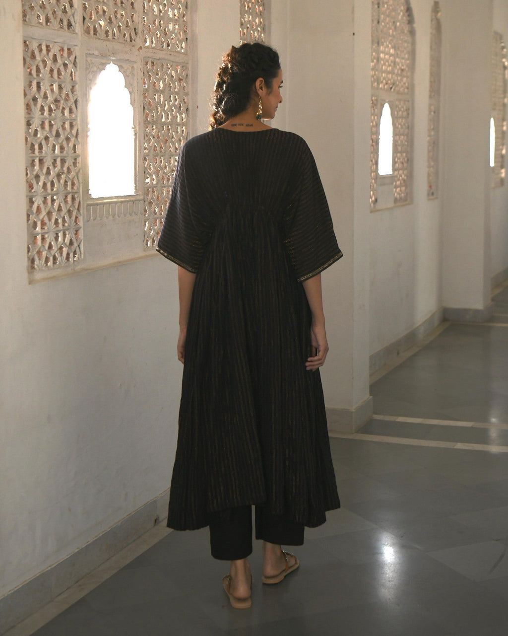Black Embroidered Cotton Kaftan Set With Zari by Taro with Best Selling, Black, Co-ord Sets, Duplicate, Evening Wear, FB ADS JUNE, Handwoven Cotton, July Sale, July Sale 2023, Natural, party, Party Wear Co-ords, Regular Fit, Sitara by Taro, Textured, Womenswear at Kamakhyaa for sustainable fashion