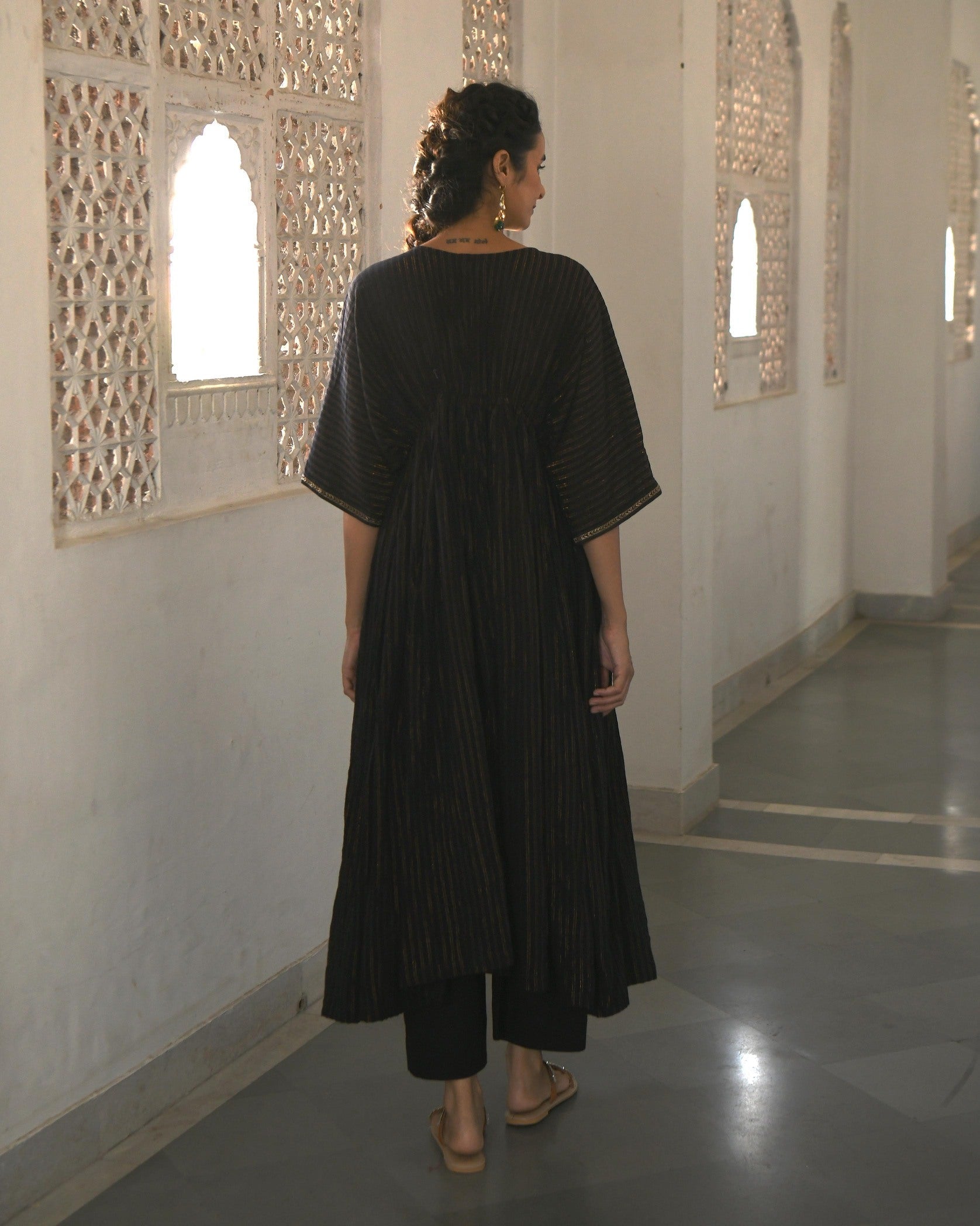 Black Embroidered Cotton Kaftan Set With Zari by Taro with Best Selling, Black, Co-ord Sets, Duplicate, Evening Wear, FB ADS JUNE, Handwoven Cotton, July Sale, July Sale 2023, Natural, party, Party Wear Co-ords, Regular Fit, Sitara by Taro, Textured, Womenswear at Kamakhyaa for sustainable fashion