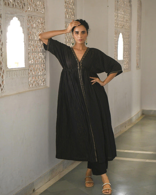 Black Embroidered Cotton Kaftan Set With Zari by Taro with Best Selling, Black, Co-ord Sets, Duplicate, Evening Wear, FB ADS JUNE, Handwoven Cotton, July Sale, July Sale 2023, Natural, party, Party Wear Co-ords, Regular Fit, Sitara by Taro, Textured, Womenswear at Kamakhyaa for sustainable fashion
