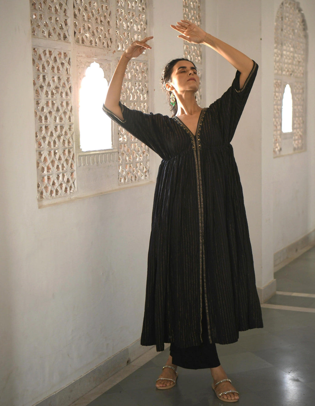 Black Embroidered Cotton Kaftan Set With Zari by Taro with Best Selling, Black, Co-ord Sets, Duplicate, Evening Wear, FB ADS JUNE, Handwoven Cotton, July Sale, July Sale 2023, Natural, party, Party Wear Co-ords, Regular Fit, Sitara by Taro, Textured, Womenswear at Kamakhyaa for sustainable fashion