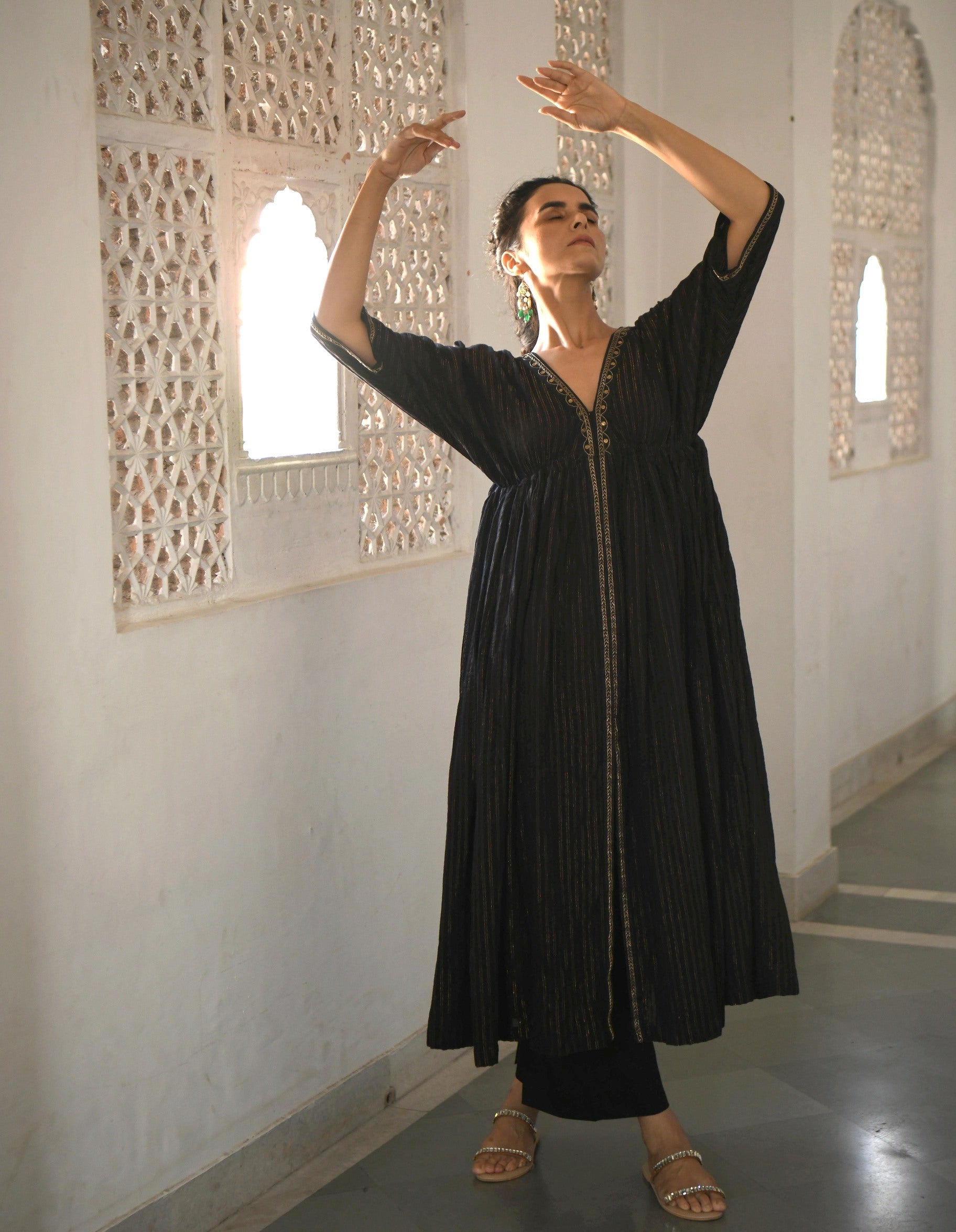 Black Embroidered Cotton Kaftan Set With Zari by Taro with Best Selling, Black, Co-ord Sets, Duplicate, Evening Wear, FB ADS JUNE, Handwoven Cotton, July Sale, July Sale 2023, Natural, party, Party Wear Co-ords, Regular Fit, Sitara by Taro, Textured, Womenswear at Kamakhyaa for sustainable fashion