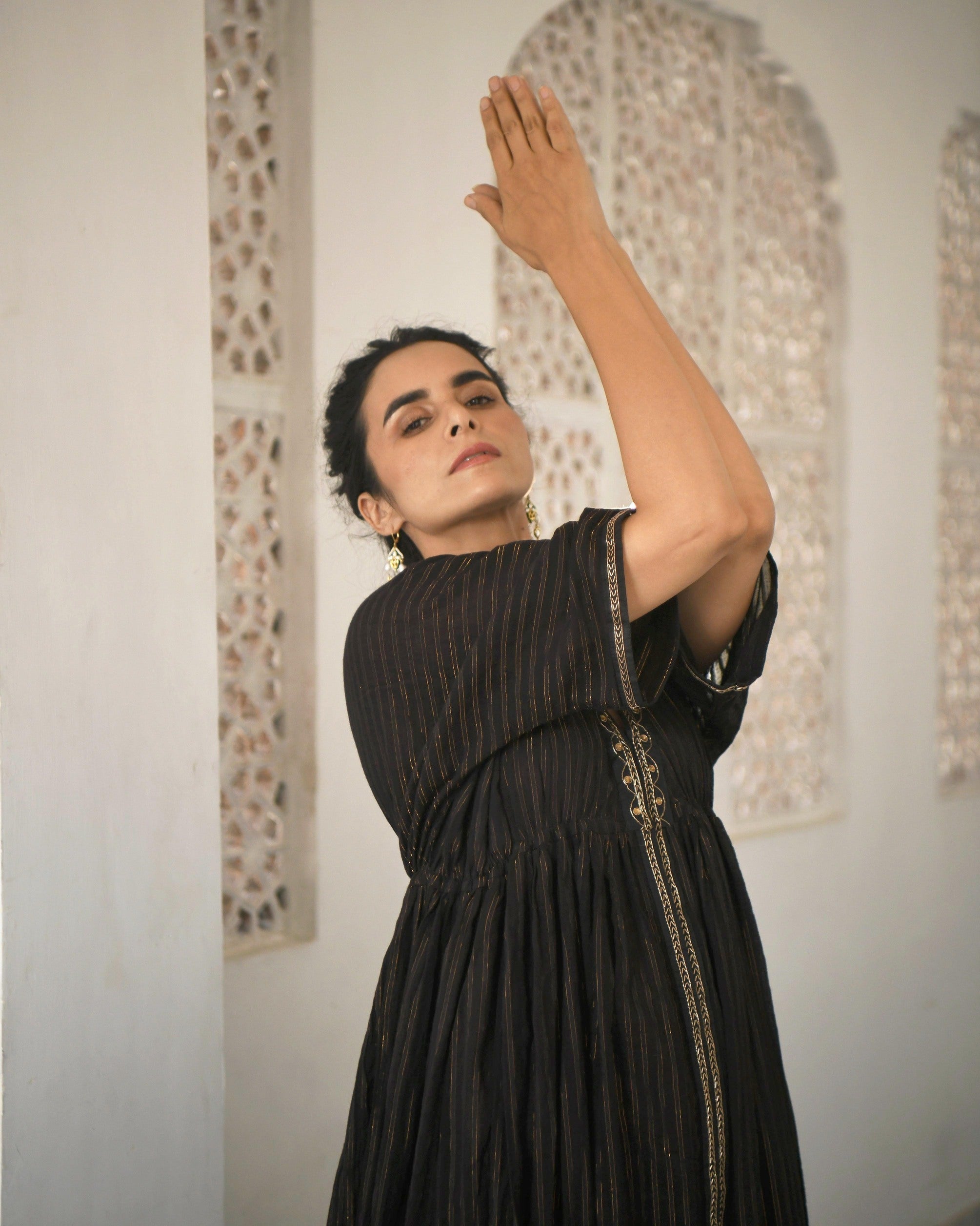 Black Embroidered Cotton Kaftan Set With Zari by Taro with Best Selling, Black, Co-ord Sets, Duplicate, Evening Wear, FB ADS JUNE, Handwoven Cotton, July Sale, July Sale 2023, Natural, party, Party Wear Co-ords, Regular Fit, Sitara by Taro, Textured, Womenswear at Kamakhyaa for sustainable fashion