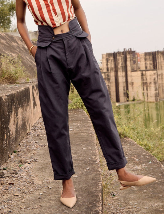 Grey Cotton Trousers by Khara Kapas with Birdsong, Birdsong by Khara Kapas, Bottoms, Casual Wear, comfort fashion, cotton, Grey, handcrafted, handmade, kharakapas, pure cotton, Regular Fit, Trousers, Womenswear at Kamakhyaa for sustainable fashion