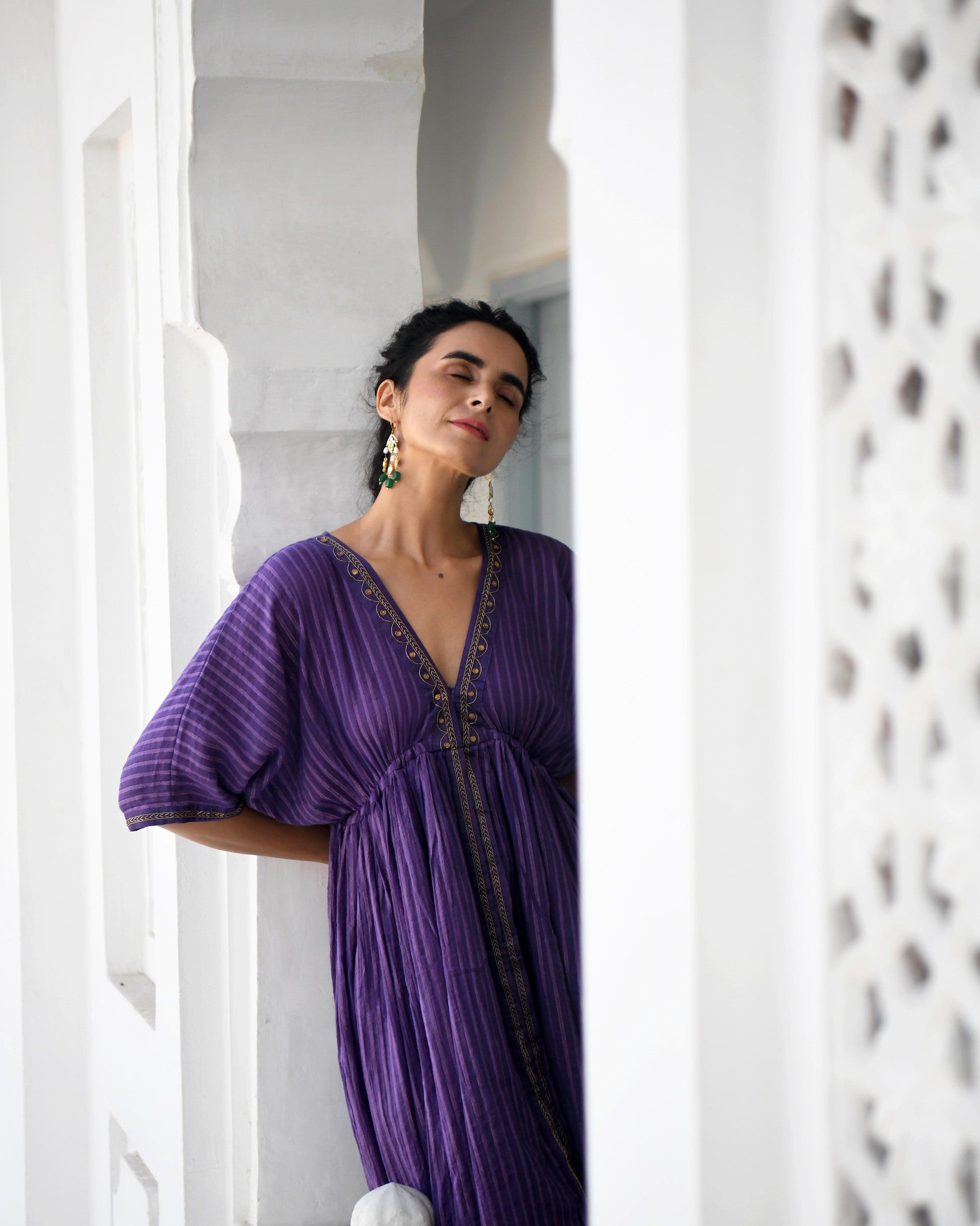Purple Embroidered Cotton Kaftan Set by Taro with Co-ord Sets, Evening Wear, Handwoven Cotton, July Sale, July Sale 2023, Kaftan Set, Natural, party, Party Wear Co-ords, Purple, Regular Fit, Sitara by Taro, Textured, Womenswear at Kamakhyaa for sustainable fashion