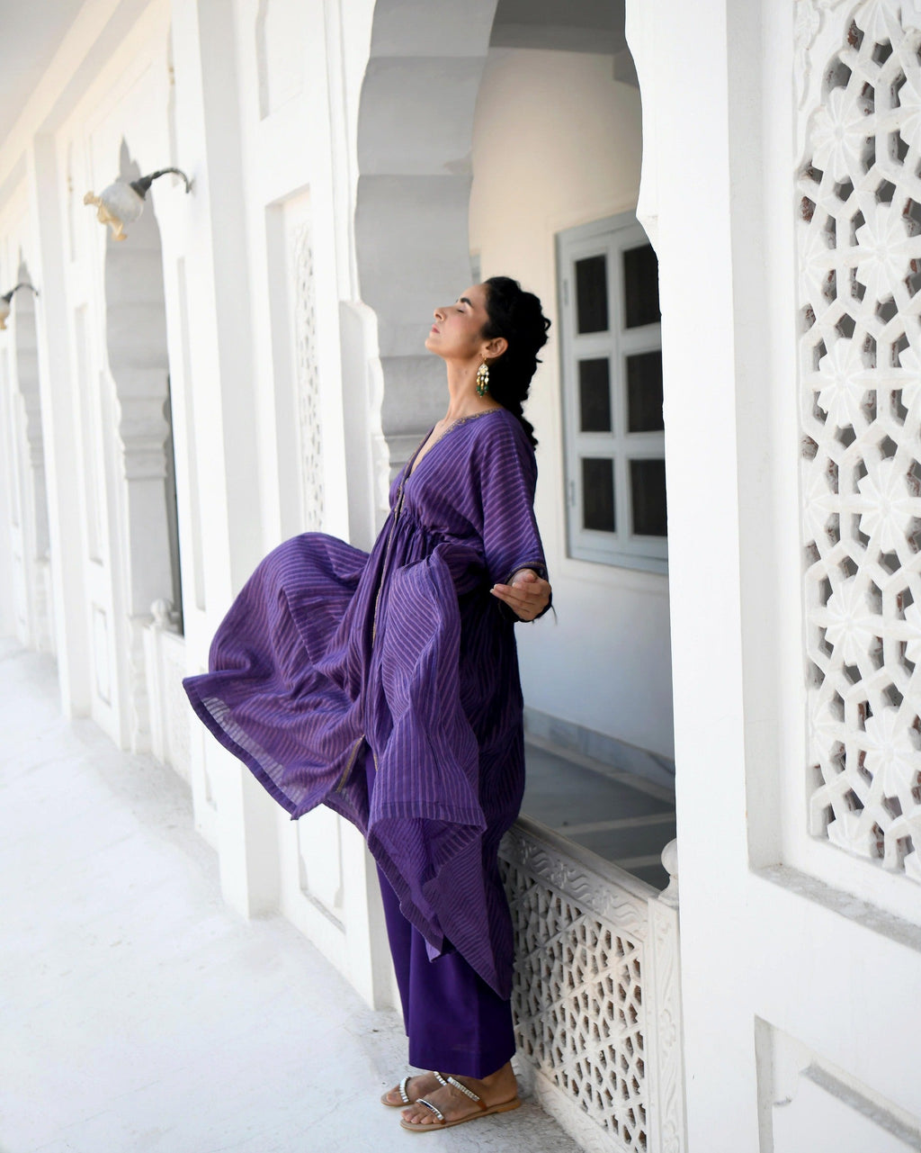 Purple Embroidered Cotton Kaftan Set by Taro with Co-ord Sets, Evening Wear, Handwoven Cotton, July Sale, July Sale 2023, Kaftan Set, Natural, party, Party Wear Co-ords, Purple, Regular Fit, Sitara by Taro, Textured, Womenswear at Kamakhyaa for sustainable fashion