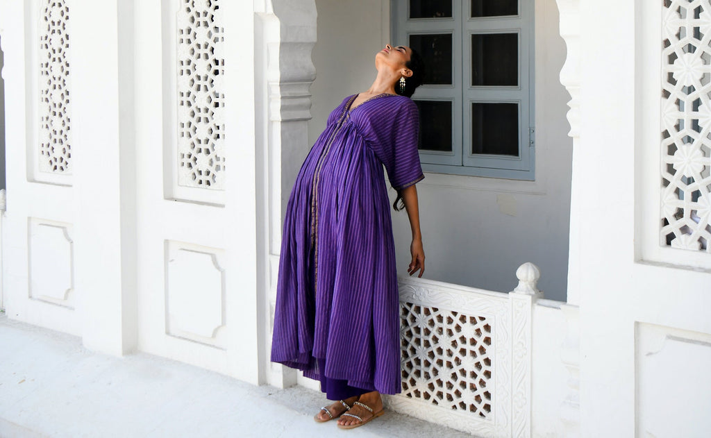 Purple Embroidered Cotton Kaftan Set by Taro with Co-ord Sets, Evening Wear, Handwoven Cotton, July Sale, July Sale 2023, Kaftan Set, Natural, party, Party Wear Co-ords, Purple, Regular Fit, Sitara by Taro, Textured, Womenswear at Kamakhyaa for sustainable fashion
