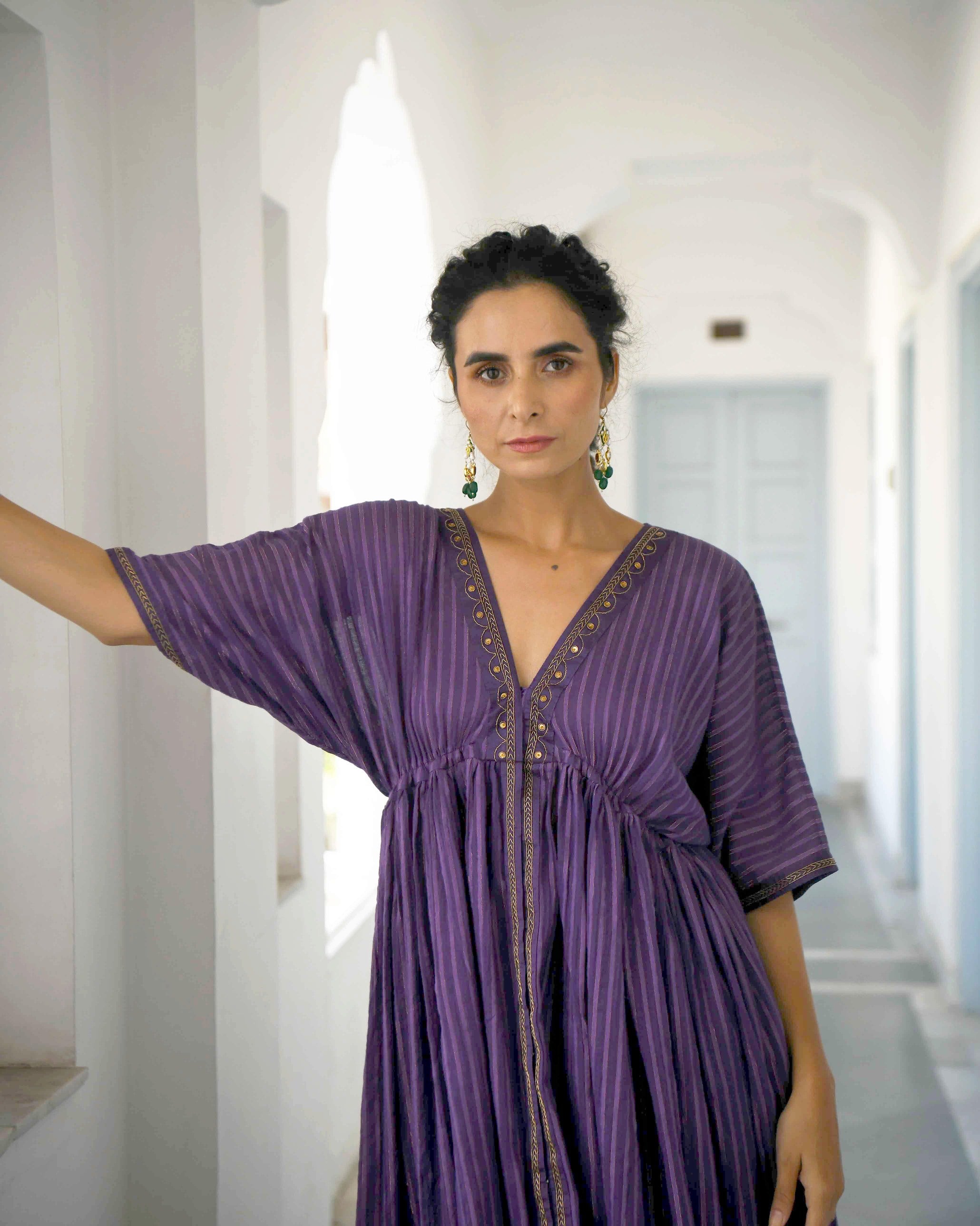 Purple Embroidered Cotton Kaftan Set by Taro with Co-ord Sets, Evening Wear, Handwoven Cotton, July Sale, July Sale 2023, Kaftan Set, Natural, party, Party Wear Co-ords, Purple, Regular Fit, Sitara by Taro, Textured, Womenswear at Kamakhyaa for sustainable fashion