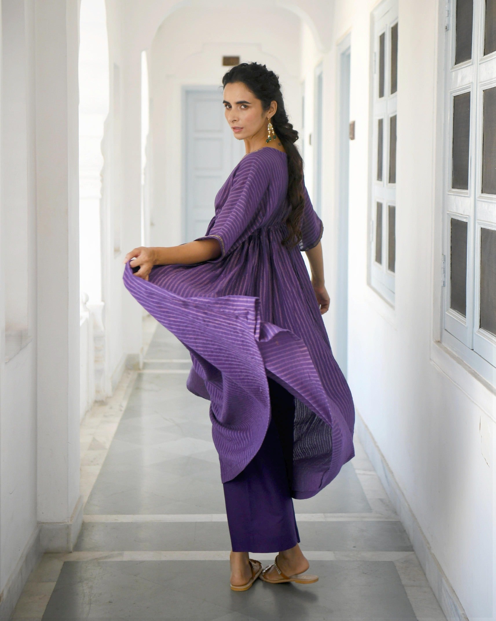 Purple Embroidered Cotton Kaftan Set by Taro with Co-ord Sets, Evening Wear, Handwoven Cotton, July Sale, July Sale 2023, Kaftan Set, Natural, party, Party Wear Co-ords, Purple, Regular Fit, Sitara by Taro, Textured, Womenswear at Kamakhyaa for sustainable fashion