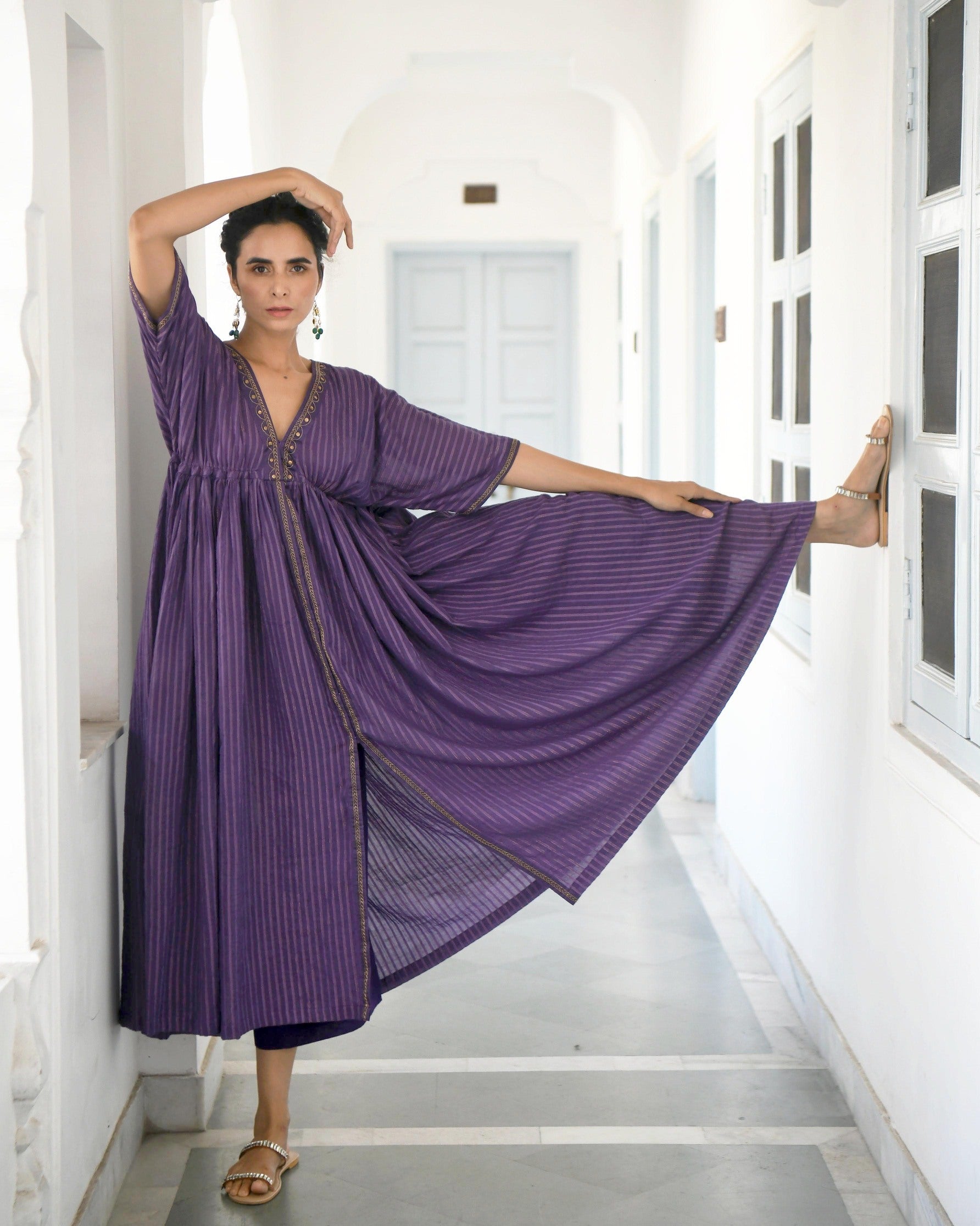 Purple Embroidered Cotton Kaftan Set by Taro with Co-ord Sets, Evening Wear, Handwoven Cotton, July Sale, July Sale 2023, Kaftan Set, Natural, party, Party Wear Co-ords, Purple, Regular Fit, Sitara by Taro, Textured, Womenswear at Kamakhyaa for sustainable fashion
