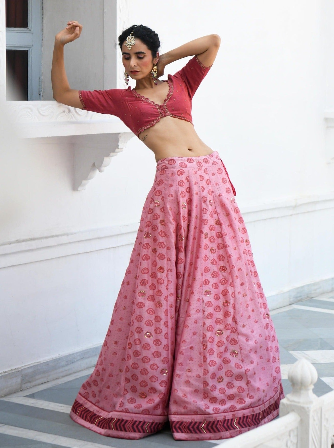 Pink Embroidered Printed Silk Lehenga Set by Taro with Evening Wear, Handwoven cotton silk, Indian Wear, July Sale, July Sale 2023, Lehenga Sets, Natural, Pink, Prints, Regular Fit, Sitara by Taro, Wedding Gifts, Womenswear at Kamakhyaa for sustainable fashion