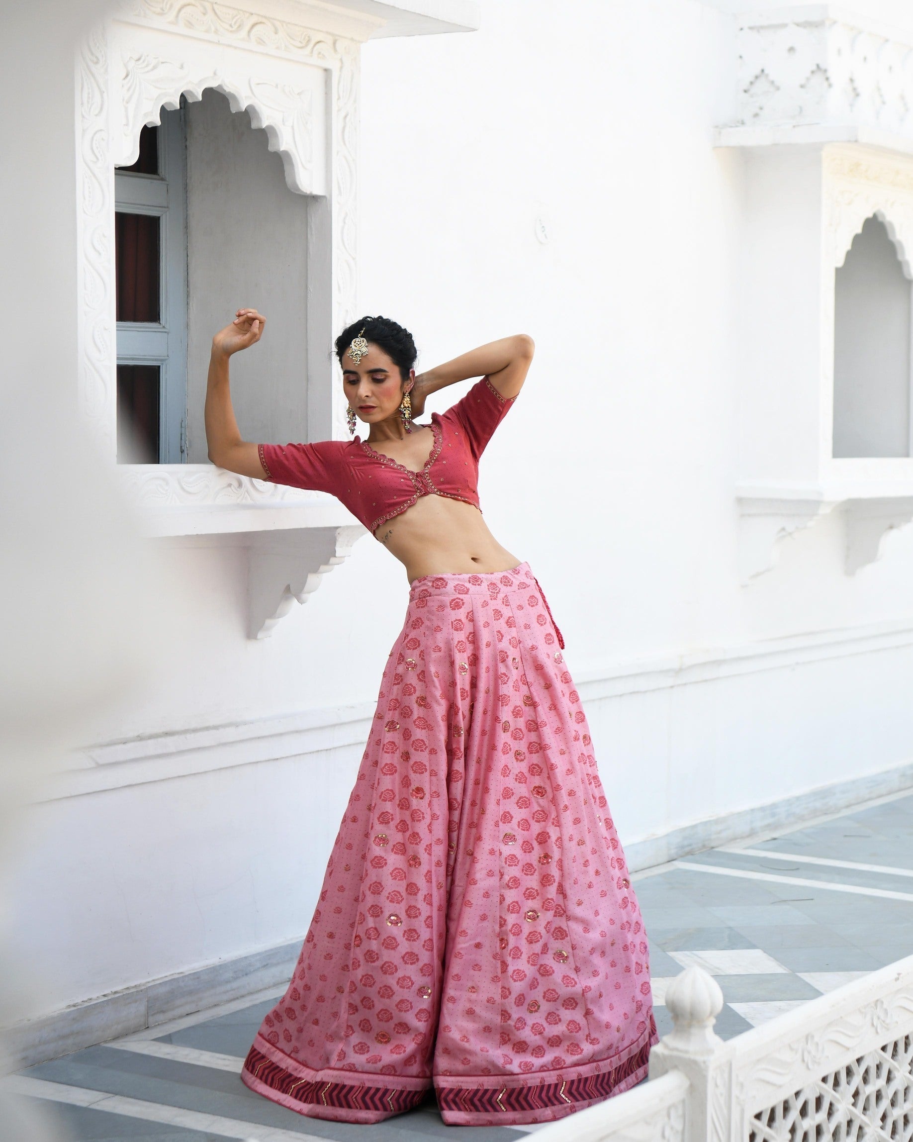Pink Embroidered Printed Silk Lehenga Set by Taro with Evening Wear, Handwoven cotton silk, Indian Wear, July Sale, July Sale 2023, Lehenga Sets, Natural, Pink, Prints, Regular Fit, Sitara by Taro, Wedding Gifts, Womenswear at Kamakhyaa for sustainable fashion