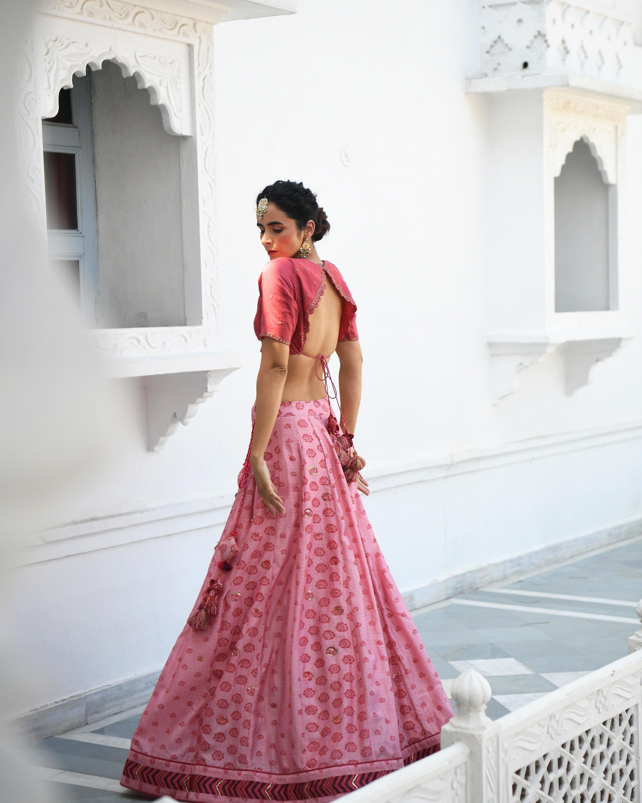 Pink Embroidered Printed Silk Lehenga Set by Taro with Evening Wear, Handwoven cotton silk, Indian Wear, July Sale, July Sale 2023, Lehenga Sets, Natural, Pink, Prints, Regular Fit, Sitara by Taro, Wedding Gifts, Womenswear at Kamakhyaa for sustainable fashion