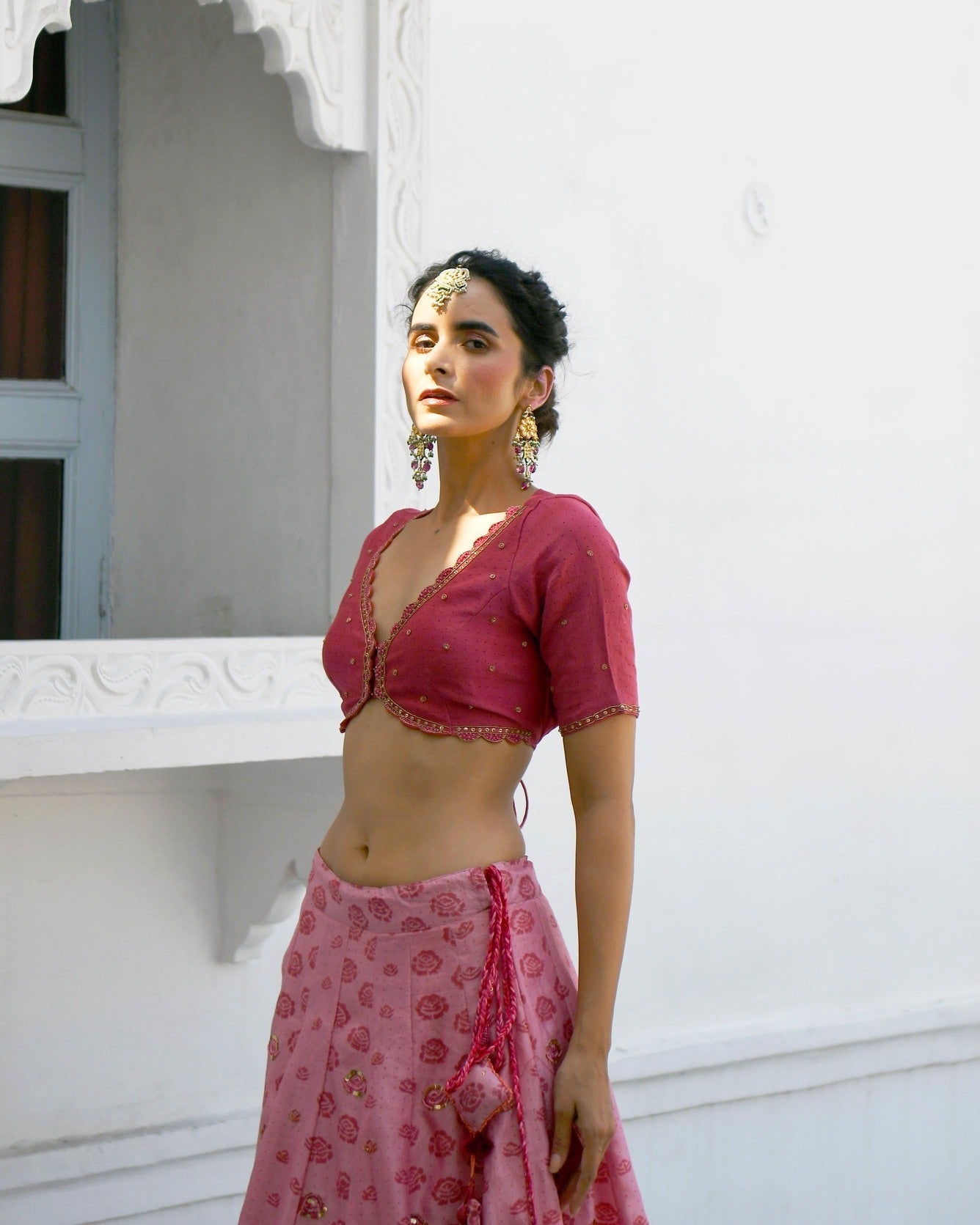Pink Embroidered Printed Silk Lehenga Set by Taro with Evening Wear, Handwoven cotton silk, Indian Wear, July Sale, July Sale 2023, Lehenga Sets, Natural, Pink, Prints, Regular Fit, Sitara by Taro, Wedding Gifts, Womenswear at Kamakhyaa for sustainable fashion