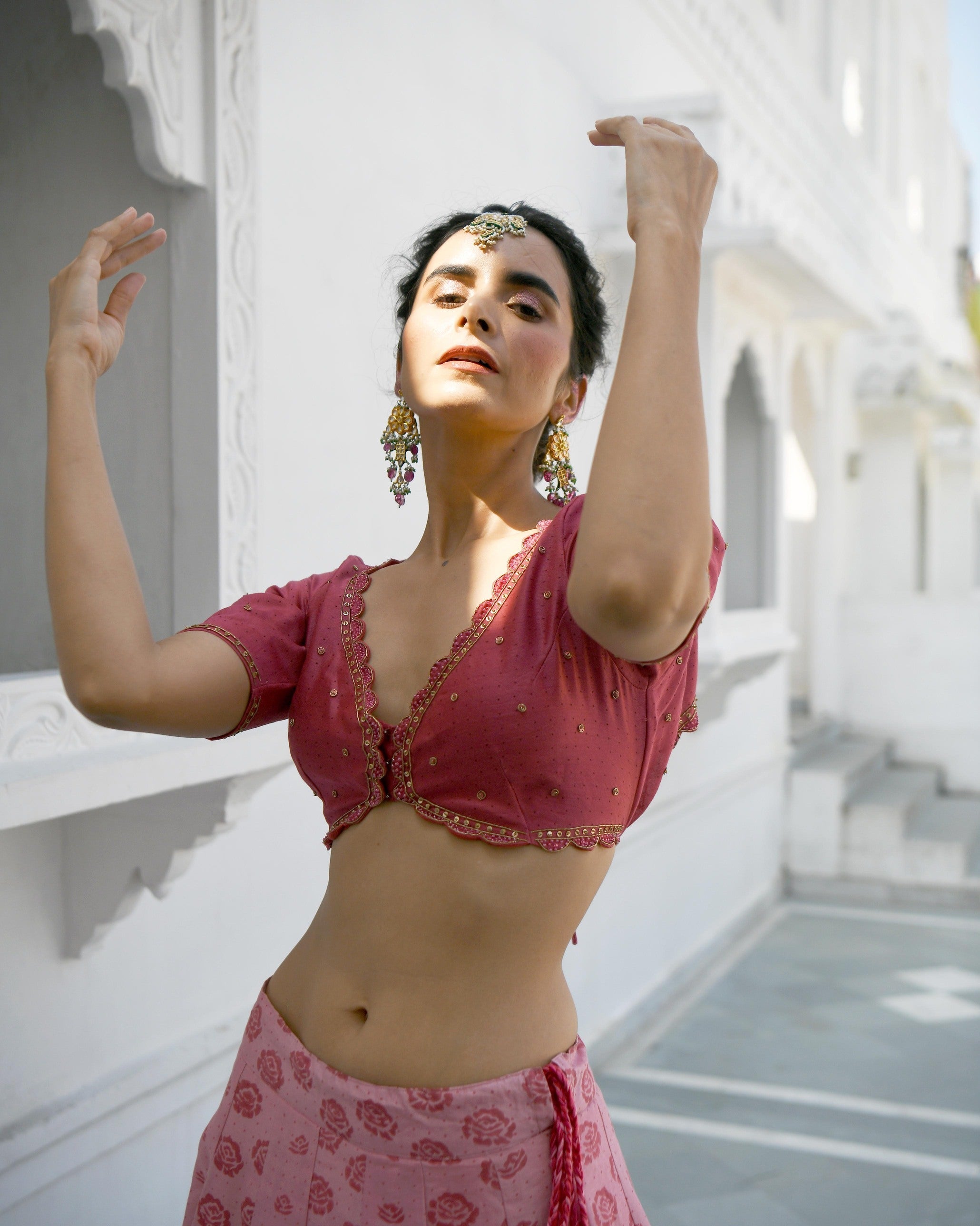 Pink Embroidered Printed Silk Lehenga Set by Taro with Evening Wear, Handwoven cotton silk, Indian Wear, July Sale, July Sale 2023, Lehenga Sets, Natural, Pink, Prints, Regular Fit, Sitara by Taro, Wedding Gifts, Womenswear at Kamakhyaa for sustainable fashion