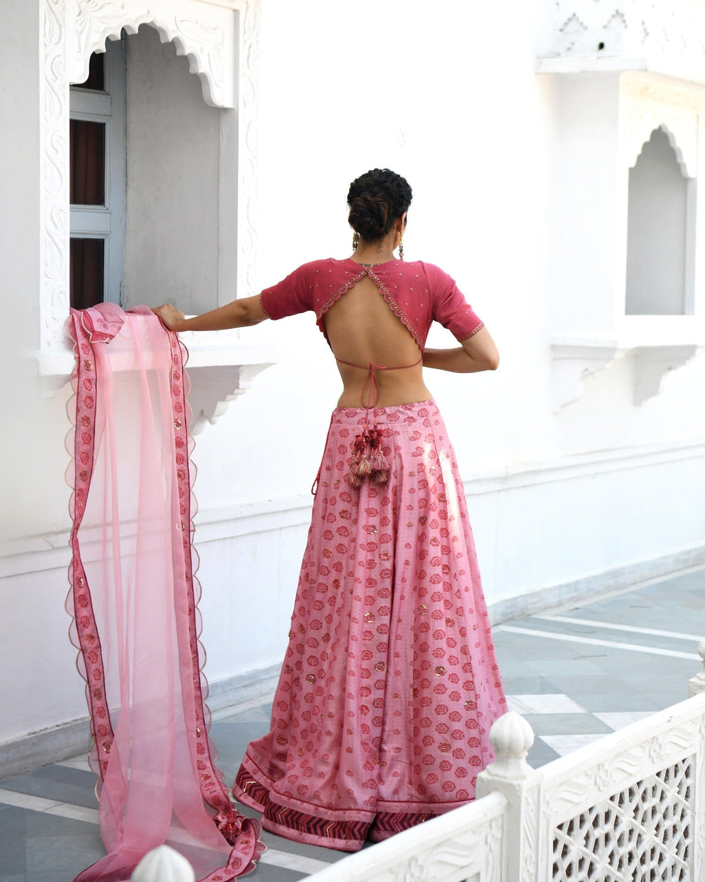 Pink Embroidered Printed Silk Lehenga Set by Taro with Evening Wear, Handwoven cotton silk, Indian Wear, July Sale, July Sale 2023, Lehenga Sets, Natural, Pink, Prints, Regular Fit, Sitara by Taro, Wedding Gifts, Womenswear at Kamakhyaa for sustainable fashion