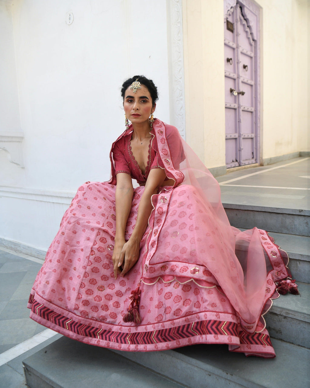 Pink Embroidered Printed Silk Lehenga Set by Taro with Evening Wear, Handwoven cotton silk, Indian Wear, July Sale, July Sale 2023, Lehenga Sets, Natural, Pink, Prints, Regular Fit, Sitara by Taro, Wedding Gifts, Womenswear at Kamakhyaa for sustainable fashion