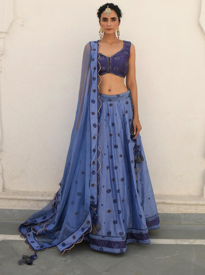 Blue Embroidered Silk Lehenga Set by Taro with Blue, Evening Wear, Handwoven silk, Indian Wear, July Sale, July Sale 2023, Lehenga Sets, Natural, Regular Fit, Sitara by Taro, Stripes, Wedding Gifts, Womenswear at Kamakhyaa for sustainable fashion