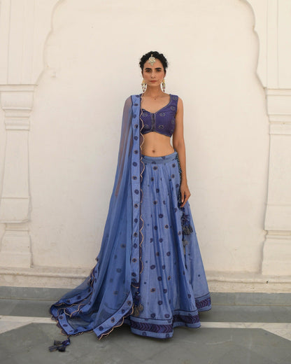 Blue Embroidered Silk Lehenga Set by Taro with Blue, Evening Wear, Handwoven silk, Indian Wear, July Sale, July Sale 2023, Lehenga Sets, Natural, Regular Fit, Sitara by Taro, Stripes, Wedding Gifts, Womenswear at Kamakhyaa for sustainable fashion