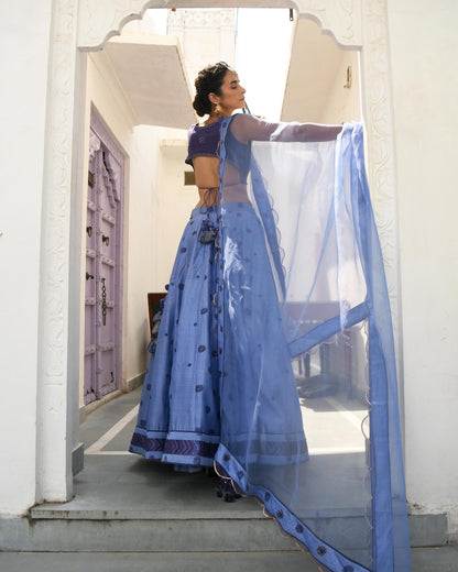 Blue Embroidered Silk Lehenga Set by Taro with Blue, Evening Wear, Handwoven silk, Indian Wear, July Sale, July Sale 2023, Lehenga Sets, Natural, Regular Fit, Sitara by Taro, Stripes, Wedding Gifts, Womenswear at Kamakhyaa for sustainable fashion