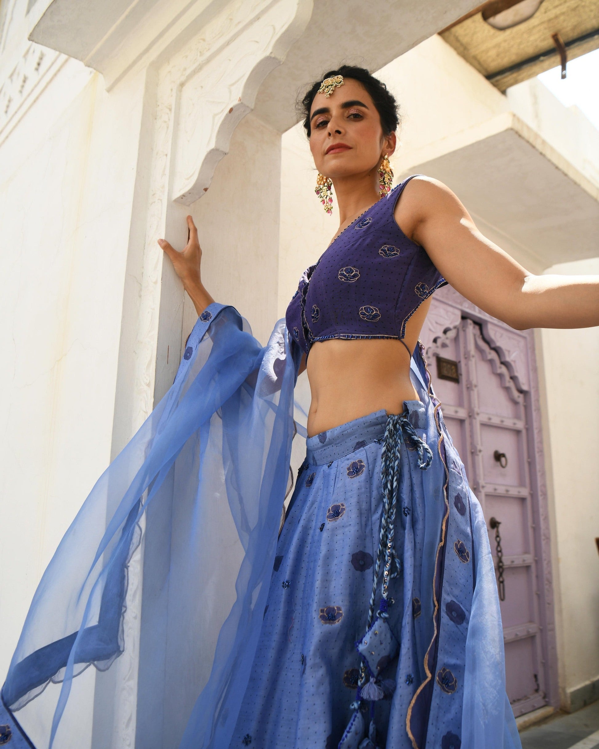 Blue Embroidered Silk Lehenga Set by Taro with Blue, Evening Wear, Handwoven silk, Indian Wear, July Sale, July Sale 2023, Lehenga Sets, Natural, Regular Fit, Sitara by Taro, Stripes, Wedding Gifts, Womenswear at Kamakhyaa for sustainable fashion