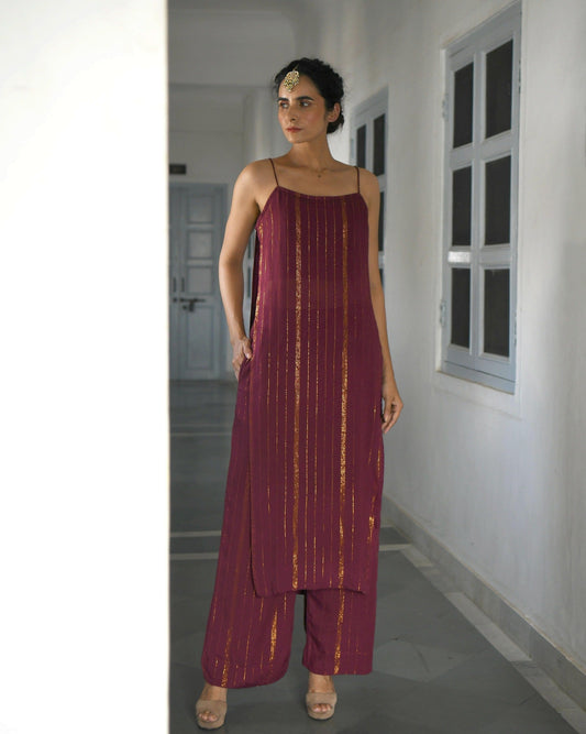 Wine Chanderi Silk Kurta Set With Zari by Taro with Co-ord Sets, Evening Wear, Handwoven Chanderi, July Sale, July Sale 2023, Natural, party, Party Wear Co-ords, Purple, Sitara by Taro, Textured, Womenswear at Kamakhyaa for sustainable fashion