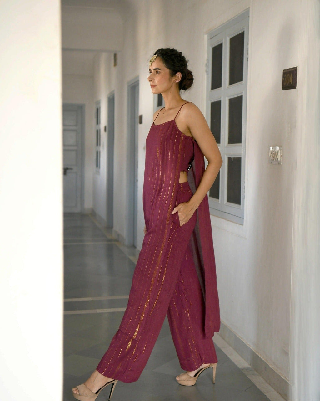 Wine Chanderi Silk Kurta Set With Zari by Taro with Co-ord Sets, Evening Wear, Handwoven Chanderi, July Sale, July Sale 2023, Natural, party, Party Wear Co-ords, Purple, Sitara by Taro, Textured, Womenswear at Kamakhyaa for sustainable fashion