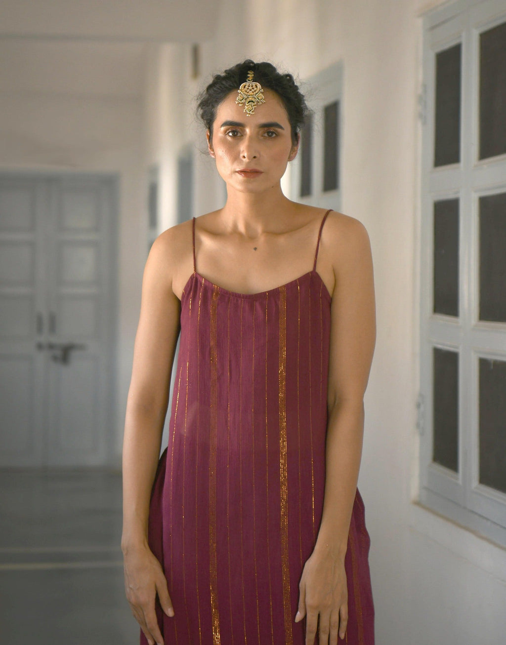 Wine Chanderi Silk Kurta Set With Zari by Taro with Co-ord Sets, Evening Wear, Handwoven Chanderi, July Sale, July Sale 2023, Natural, party, Party Wear Co-ords, Purple, Sitara by Taro, Textured, Womenswear at Kamakhyaa for sustainable fashion