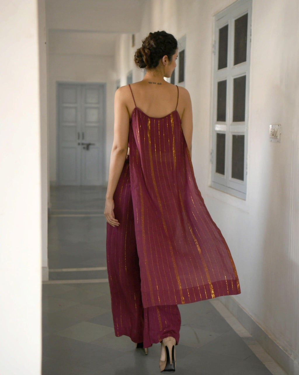 Wine Chanderi Silk Kurta Set With Zari by Taro with Co-ord Sets, Evening Wear, Handwoven Chanderi, July Sale, July Sale 2023, Natural, party, Party Wear Co-ords, Purple, Sitara by Taro, Textured, Womenswear at Kamakhyaa for sustainable fashion