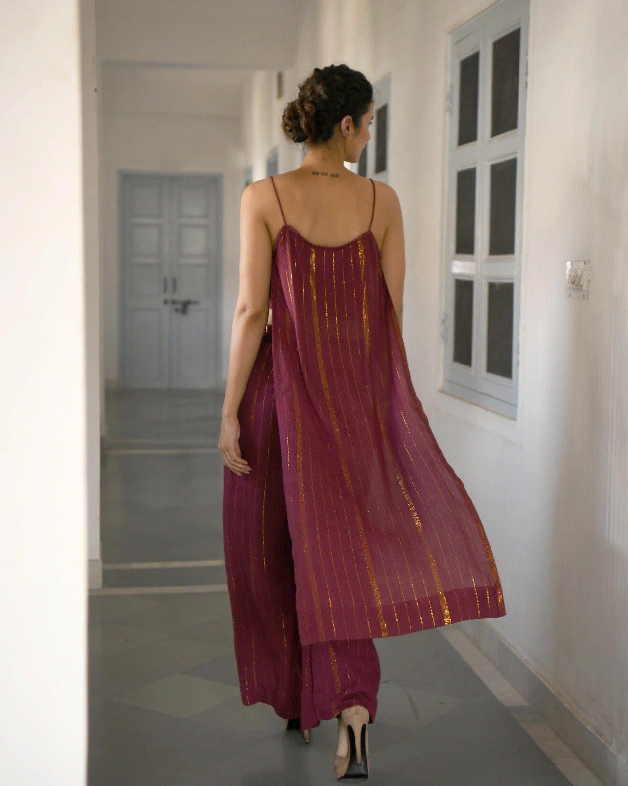 Wine Chanderi Silk Kurta Set With Zari by Taro with Co-ord Sets, Evening Wear, Handwoven Chanderi, July Sale, July Sale 2023, Natural, party, Party Wear Co-ords, Purple, Sitara by Taro, Textured, Womenswear at Kamakhyaa for sustainable fashion