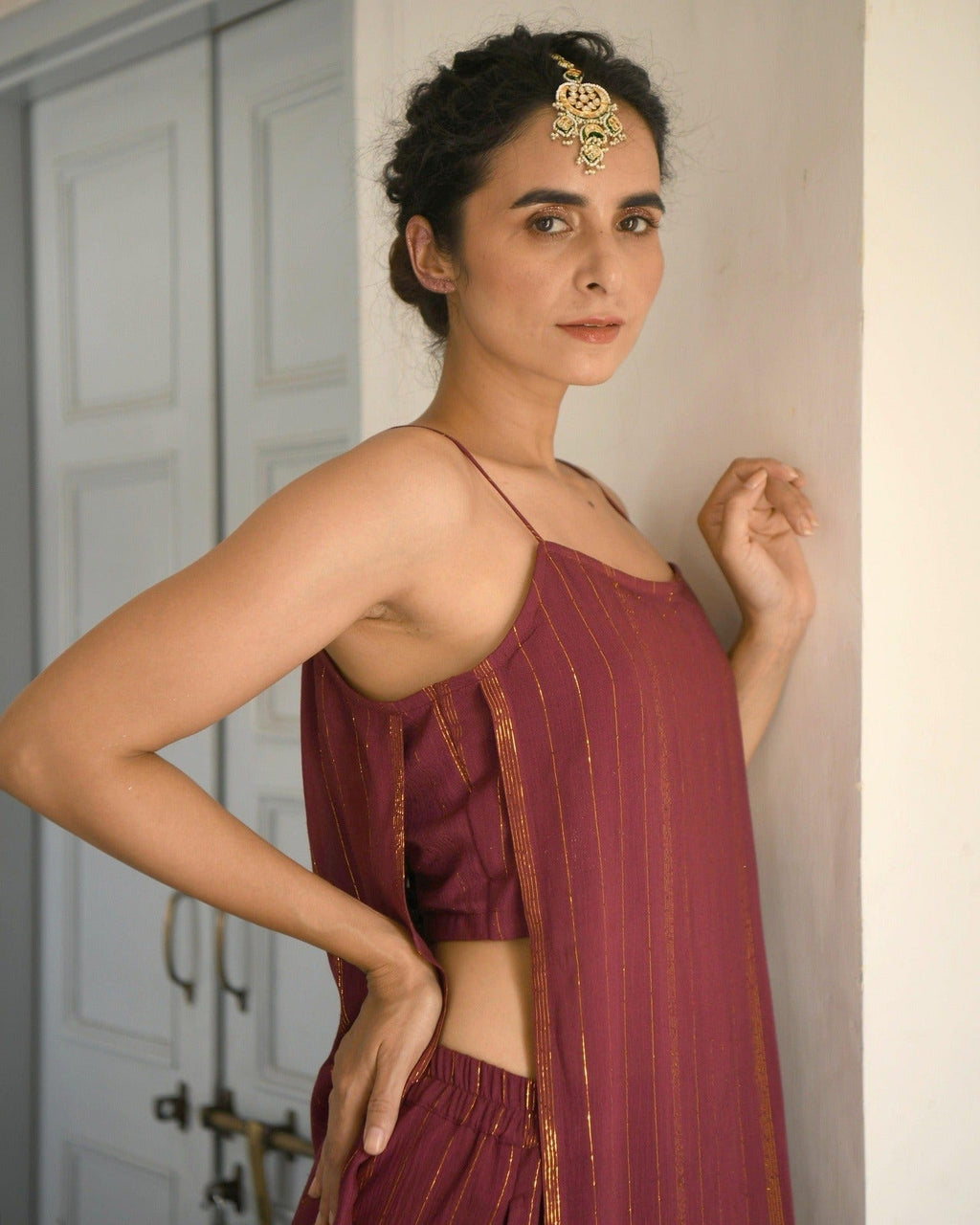 Wine Chanderi Silk Kurta Set With Zari by Taro with Co-ord Sets, Evening Wear, Handwoven Chanderi, July Sale, July Sale 2023, Natural, party, Party Wear Co-ords, Purple, Sitara by Taro, Textured, Womenswear at Kamakhyaa for sustainable fashion