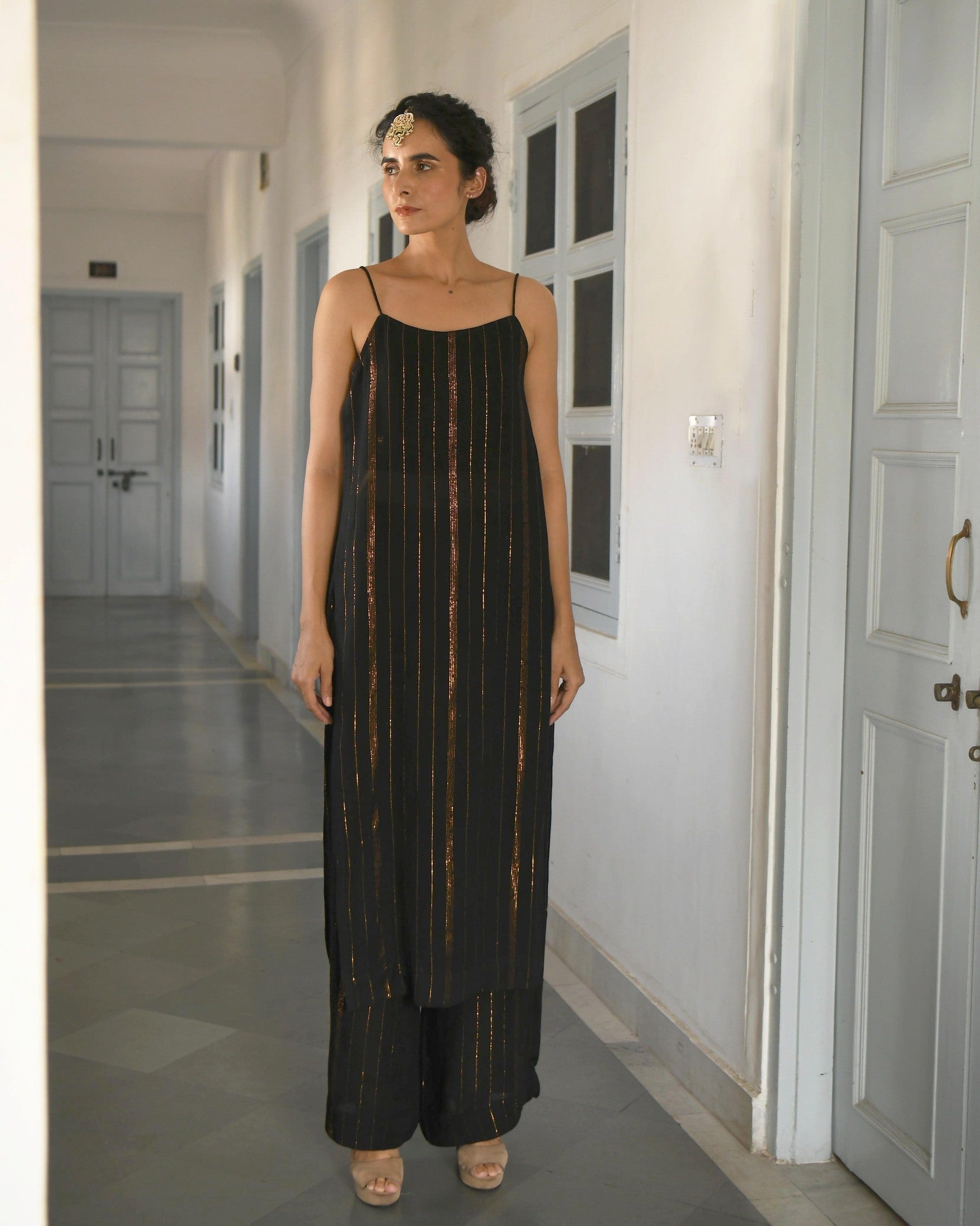 Black Zari Sleeveless Two Piece Set by Taro with Best Selling, Black, Co-ord Sets, Duplicate, Evening Wear, FB ADS JUNE, Handwoven cotton silk, Indian Wear, July Sale, July Sale 2023, Natural, party, Party Wear Co-ords, Regular Fit, Sitara by Taro, Textured, Womenswear at Kamakhyaa for sustainable fashion