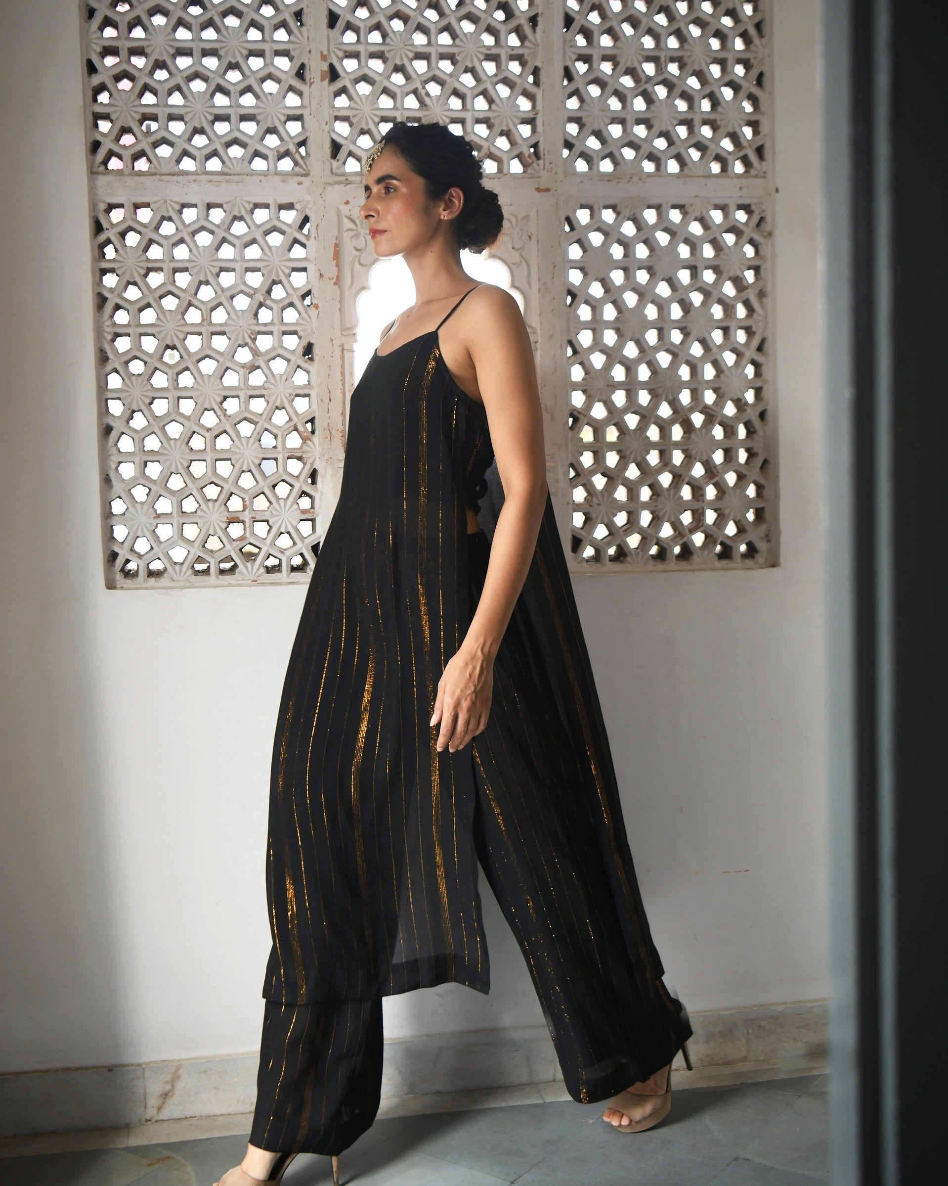 Black Zari Sleeveless Two Piece Set by Taro with Best Selling, Black, Co-ord Sets, Duplicate, Evening Wear, FB ADS JUNE, Handwoven cotton silk, Indian Wear, July Sale, July Sale 2023, Natural, party, Party Wear Co-ords, Regular Fit, Sitara by Taro, Textured, Womenswear at Kamakhyaa for sustainable fashion