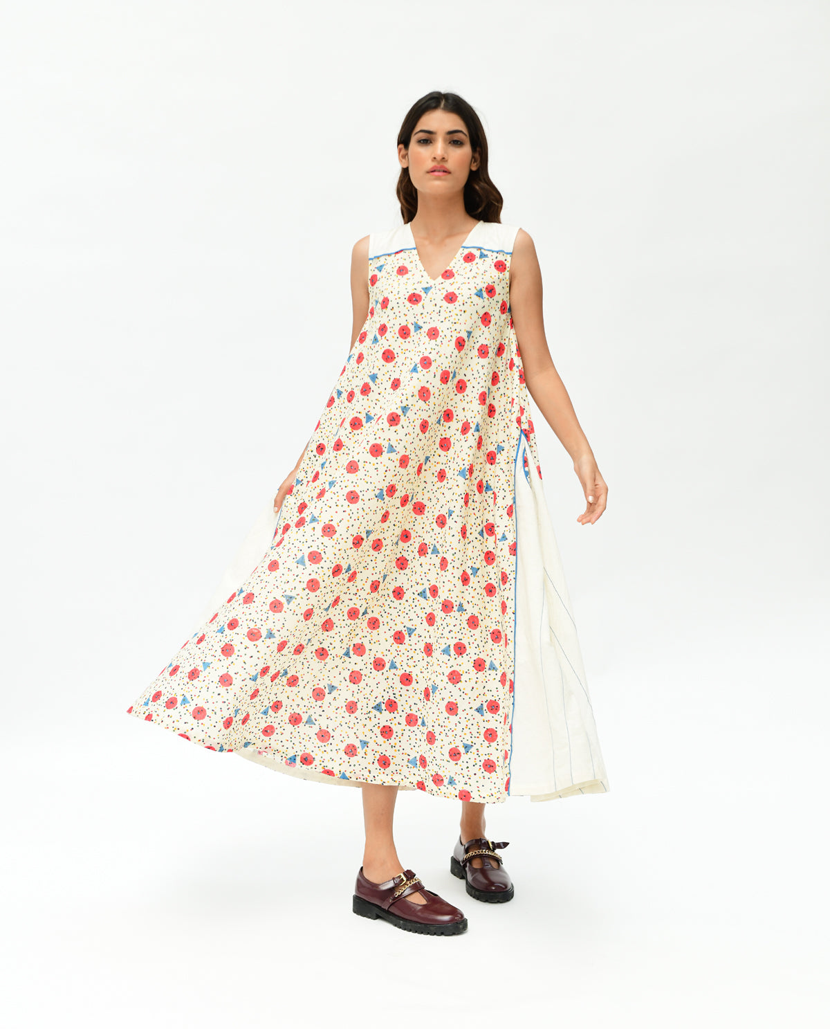 Handblock Printed Maxi Dress at Kamakhyaa by Rias Jaipur. This item is 100% Organic Cotton, Casual Wear, Handblock Printed, Handspun, Handwoven, Maxi Dresses, Off-White, Prints, Relaxed Fit, Sleeveless Dresses, Void, Womenswear
