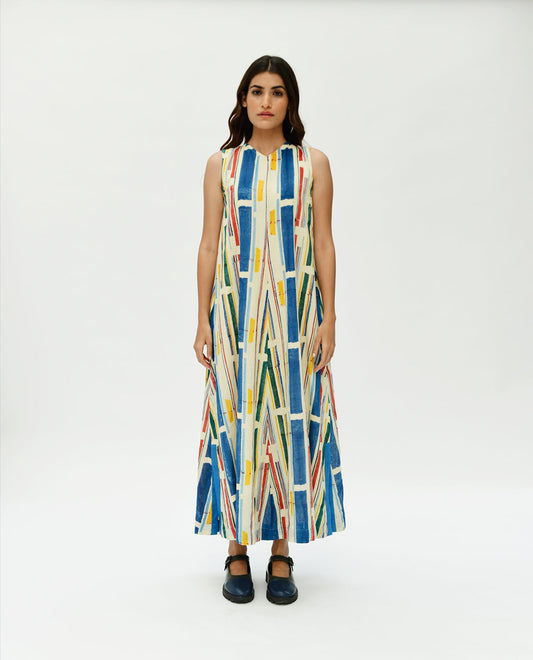 Multicolor Printed Stripes Maxi Dress by Rias Jaipur with 100% Organic Cotton, Casual Wear, Handblock Printed, Handspun, Handwoven, Maxi Dresses, Off-White, Relaxed Fit, Sleeveless Dresses, Stellar Print, Stripes, Void, Void by Rias Jaipur, Womenswear at Kamakhyaa for sustainable fashion