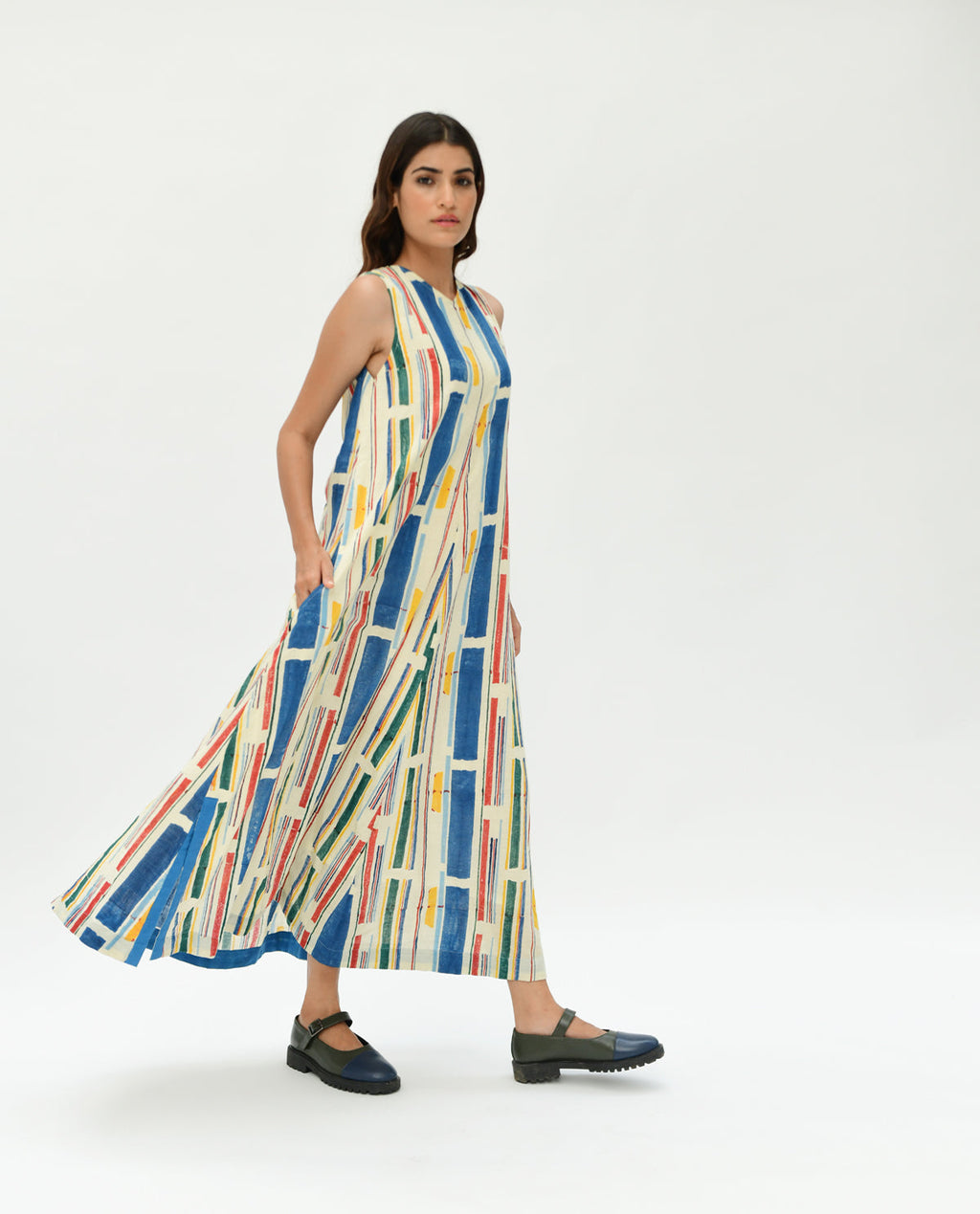 Multicolor Printed Stripes Maxi Dress by Rias Jaipur with 100% Organic Cotton, Casual Wear, Handblock Printed, Handspun, Handwoven, Maxi Dresses, Off-White, Relaxed Fit, Sleeveless Dresses, Stellar Print, Stripes, Void, Void by Rias Jaipur, Womenswear at Kamakhyaa for sustainable fashion