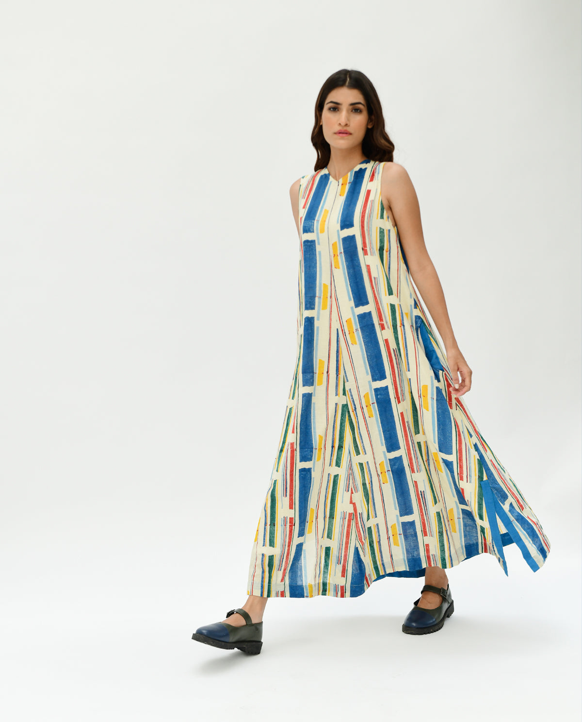 Multicolor Printed Stripes Maxi Dress at Kamakhyaa by Rias Jaipur. This item is 100% Organic Cotton, Casual Wear, Handblock Printed, Handspun, Handwoven, Maxi Dresses, Off-White, Relaxed Fit, Sleeveless Dresses, Stellar Print, Stripes, Void, Womenswear