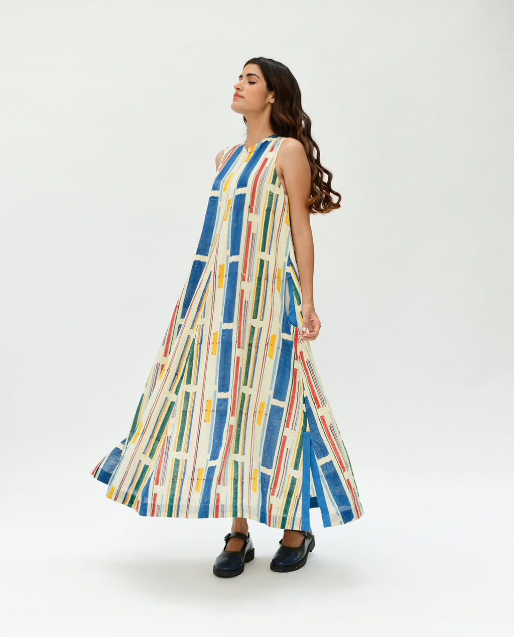 Multicolor Printed Stripes Maxi Dress by Rias Jaipur with 100% Organic Cotton, Casual Wear, Handblock Printed, Handspun, Handwoven, Maxi Dresses, Off-White, Relaxed Fit, Sleeveless Dresses, Stellar Print, Stripes, Void, Void by Rias Jaipur, Womenswear at Kamakhyaa for sustainable fashion