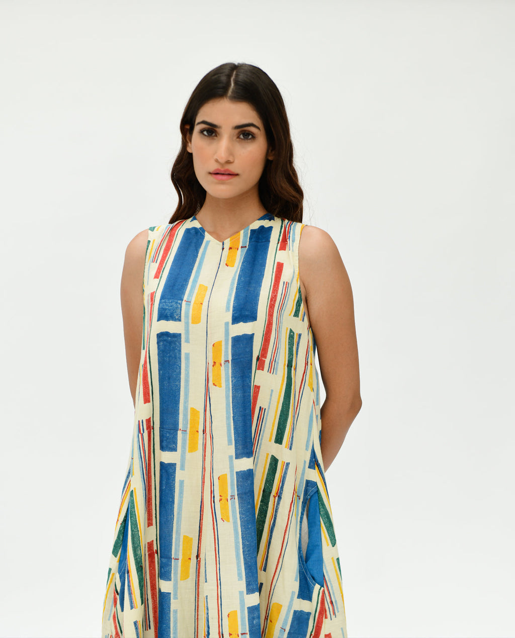 Multicolor Printed Stripes Maxi Dress by Rias Jaipur with 100% Organic Cotton, Casual Wear, Handblock Printed, Handspun, Handwoven, Maxi Dresses, Off-White, Relaxed Fit, Sleeveless Dresses, Stellar Print, Stripes, Void, Void by Rias Jaipur, Womenswear at Kamakhyaa for sustainable fashion