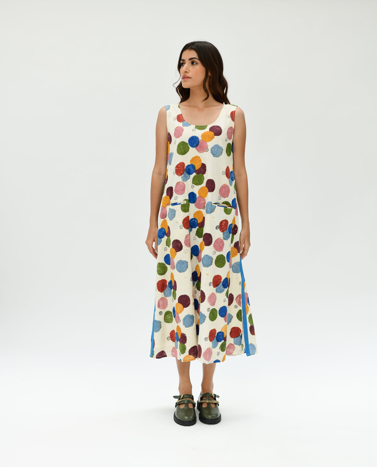 Organic Cotton Pocket Maxi Dress by Rias Jaipur with 100% Organic Cotton, Best Selling, Casual Wear, Handblock Printed, Handspun, Handwoven, Maxi Dresses, Off-White, Polka Dots, Prints, Relaxed Fit, Sleeveless Dresses, Void, Void by Rias Jaipur, Void Polka, Womenswear at Kamakhyaa for sustainable fashion