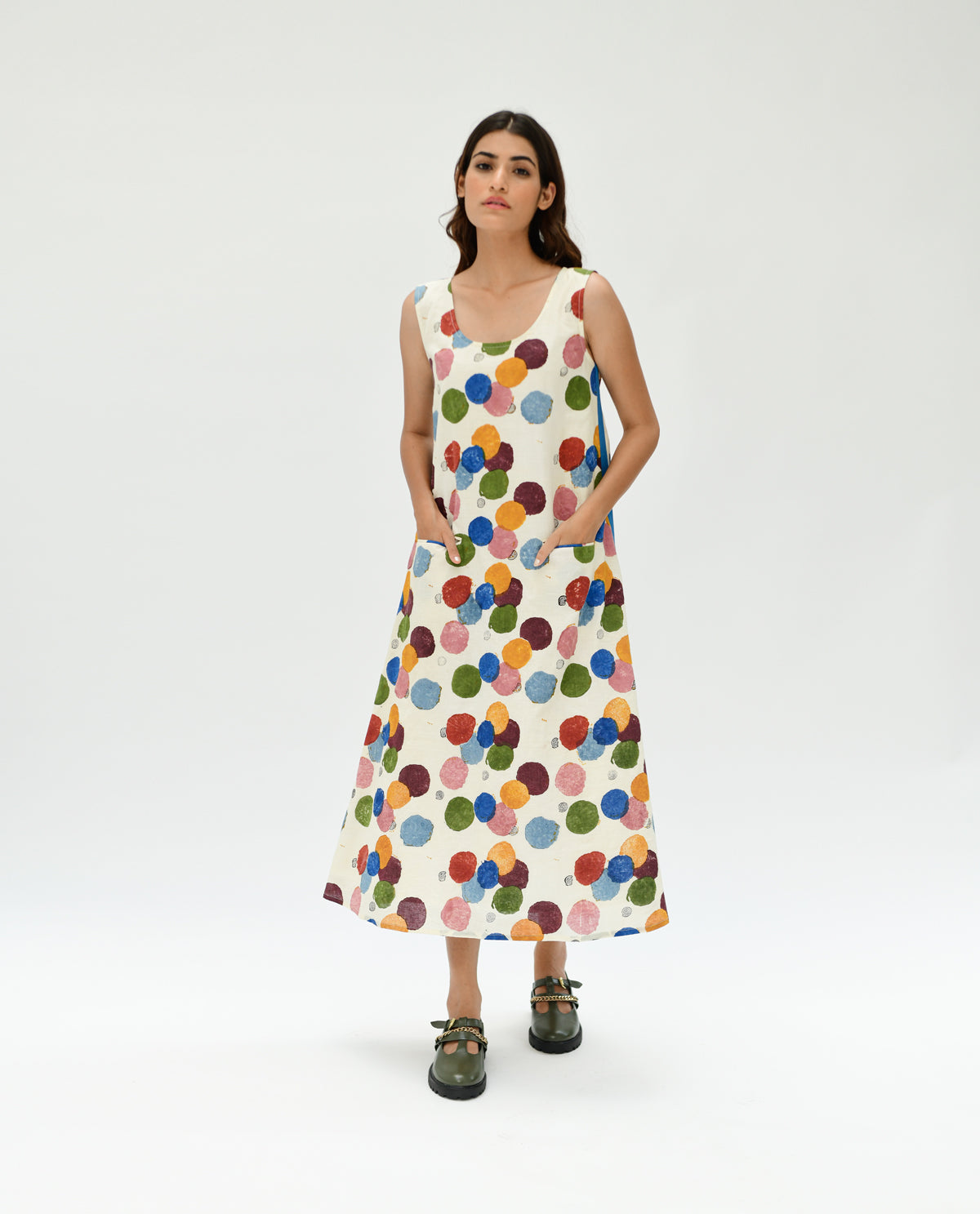 Organic Cotton Pocket Maxi Dress by Rias Jaipur with 100% Organic Cotton, Best Selling, Casual Wear, Handblock Printed, Handspun, Handwoven, Maxi Dresses, Off-White, Polka Dots, Prints, Relaxed Fit, Sleeveless Dresses, Void, Void by Rias Jaipur, Void Polka, Womenswear at Kamakhyaa for sustainable fashion