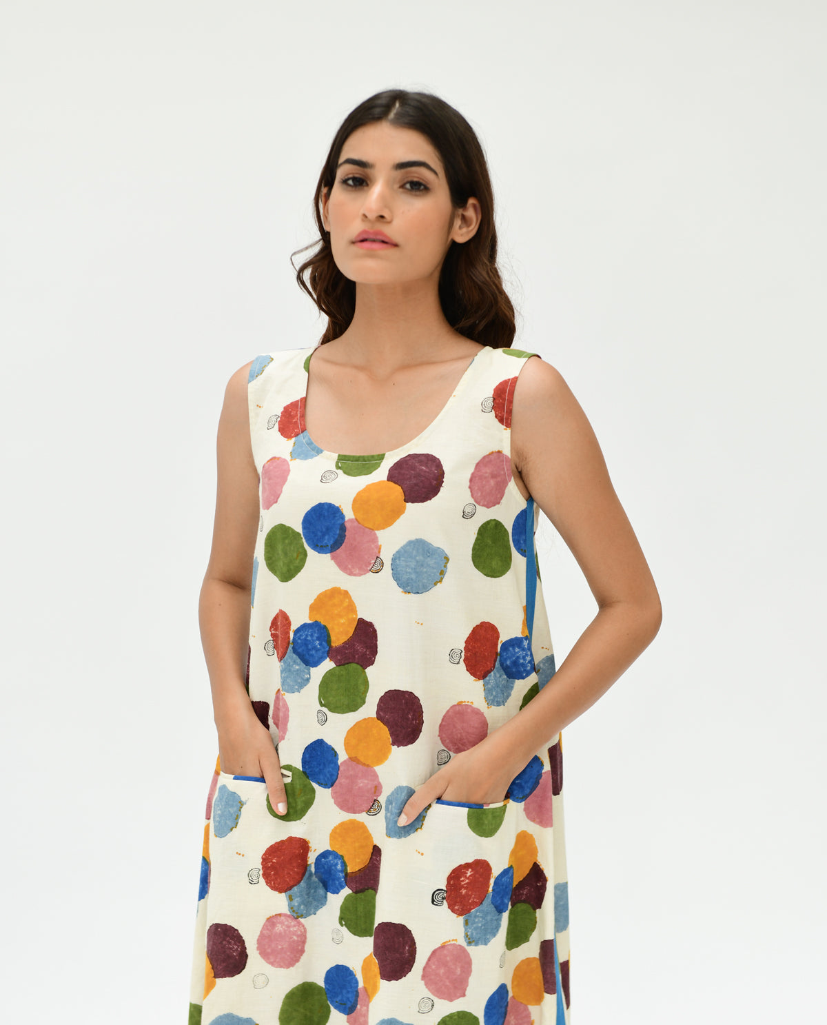 Organic Cotton Pocket Maxi Dress by Rias Jaipur with 100% Organic Cotton, Best Selling, Casual Wear, Handblock Printed, Handspun, Handwoven, Maxi Dresses, Off-White, Polka Dots, Prints, Relaxed Fit, Sleeveless Dresses, Void, Void by Rias Jaipur, Void Polka, Womenswear at Kamakhyaa for sustainable fashion