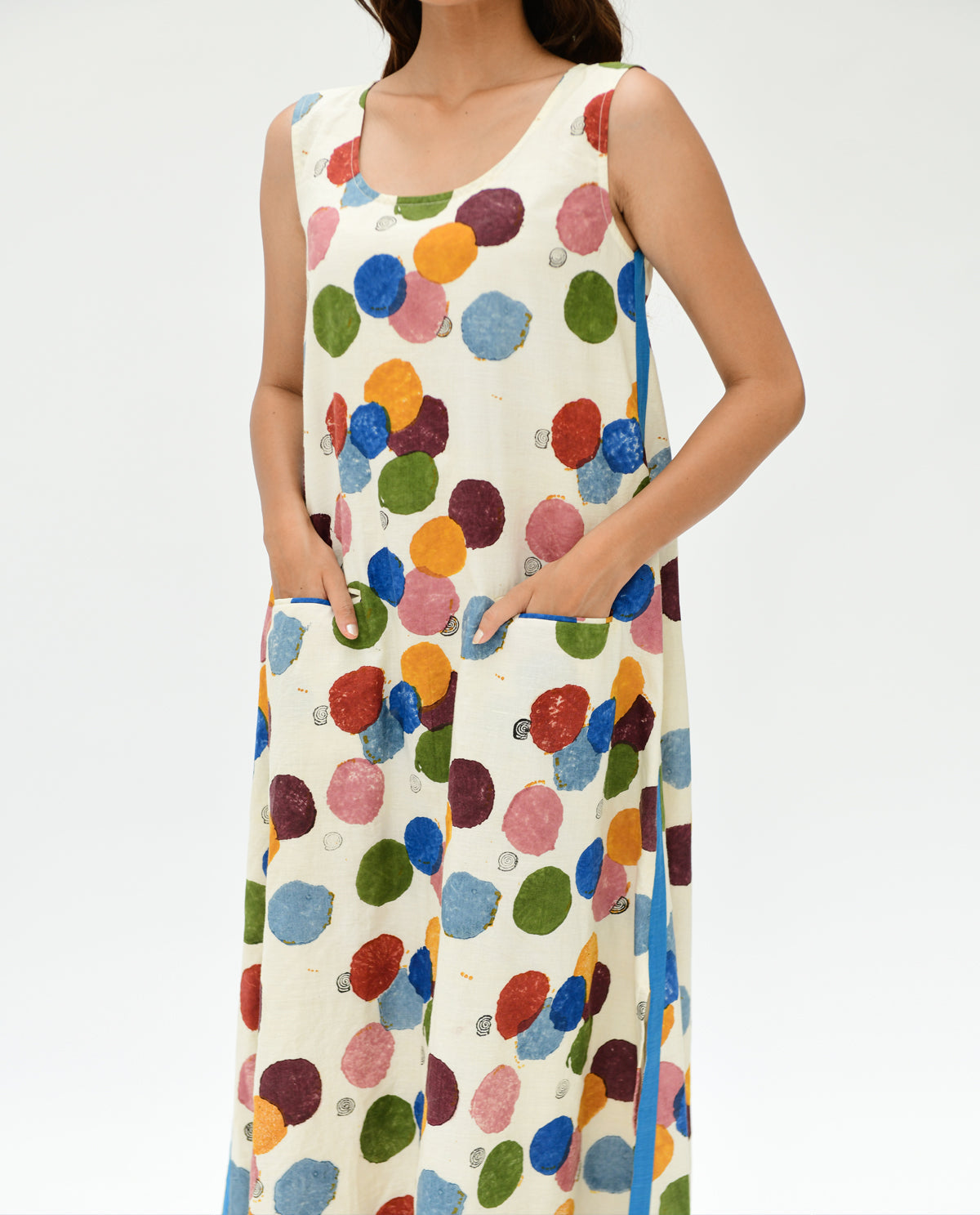 Organic Cotton Pocket Maxi Dress by Rias Jaipur with 100% Organic Cotton, Best Selling, Casual Wear, Handblock Printed, Handspun, Handwoven, Maxi Dresses, Off-White, Polka Dots, Prints, Relaxed Fit, Sleeveless Dresses, Void, Void by Rias Jaipur, Void Polka, Womenswear at Kamakhyaa for sustainable fashion