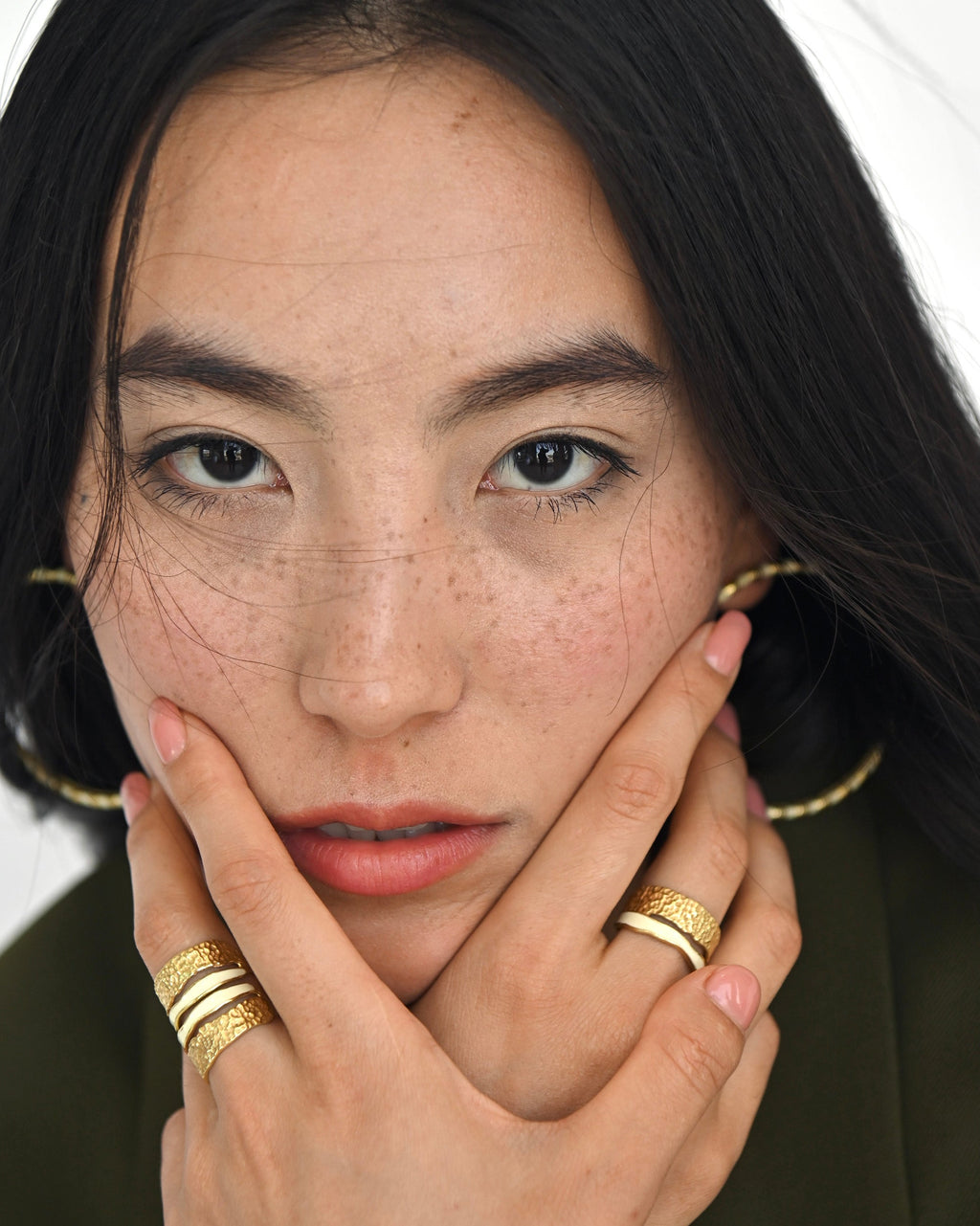 Gold Brass Pearl Enamel Stackable Rings by The Loom Art with Brass, Cosmic Dream by The Loom Art, Fashion Jewellery, For Daughter, Free Size, Gold, Gold Plated, jewelry, Less than $50, Natural, Rings, Solids, Textured at Kamakhyaa for sustainable fashion