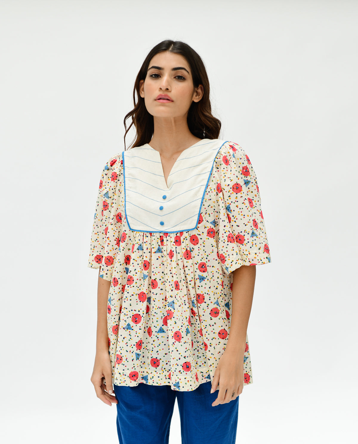 Multicolor Tunic Top at Kamakhyaa by Rias Jaipur. This item is 100% Organic Cotton, Casual Wear, Handblock Printed, Handspun, Handwoven, Off-White, Prints, Relaxed Fit, Tunic Tops, Void, Womenswear